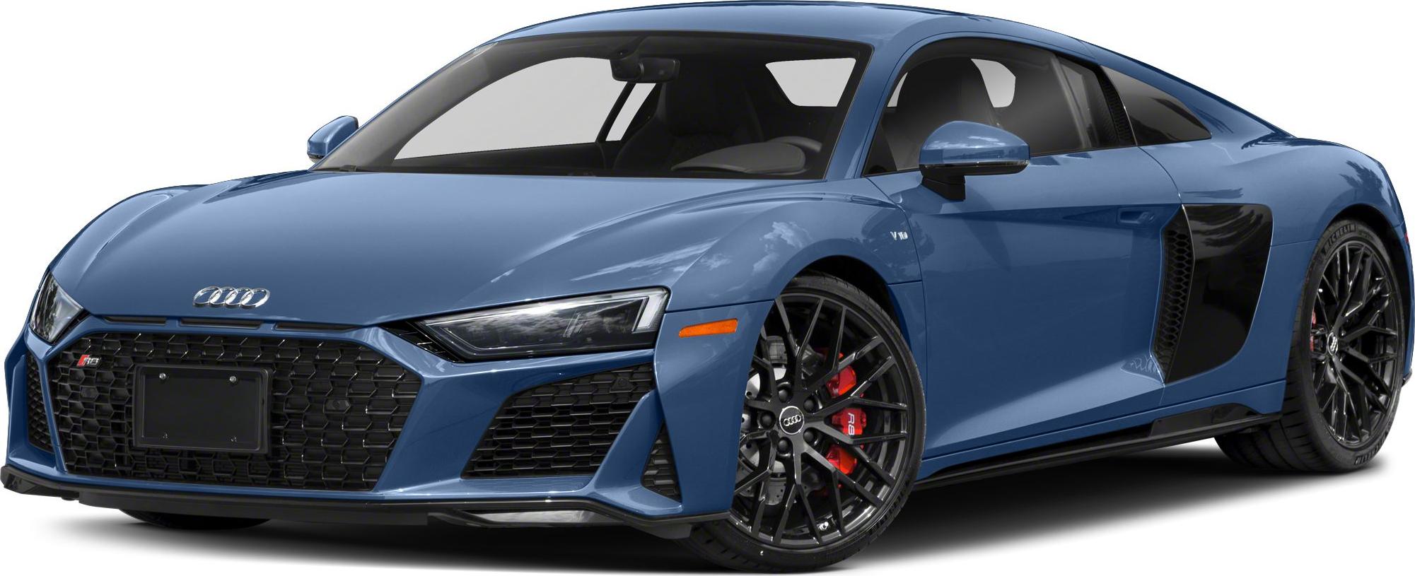 Front angle of sports coupe with prominent black multi-spoke wheels and red brake calipers
