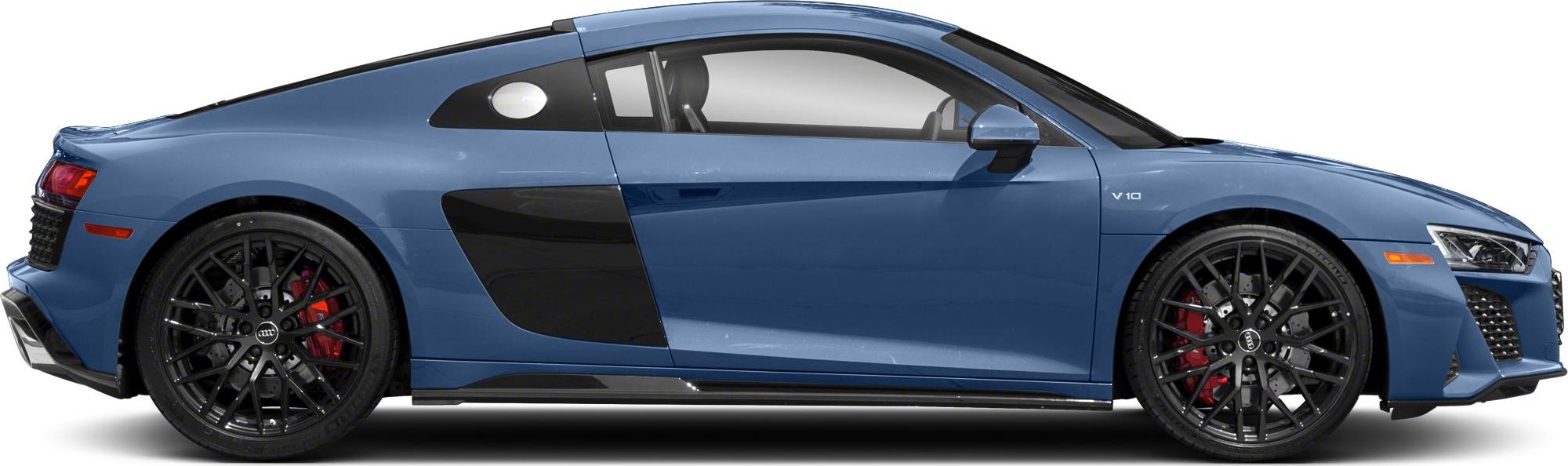 Side view of a sleek sports coupe with V10 badge and black alloy wheels