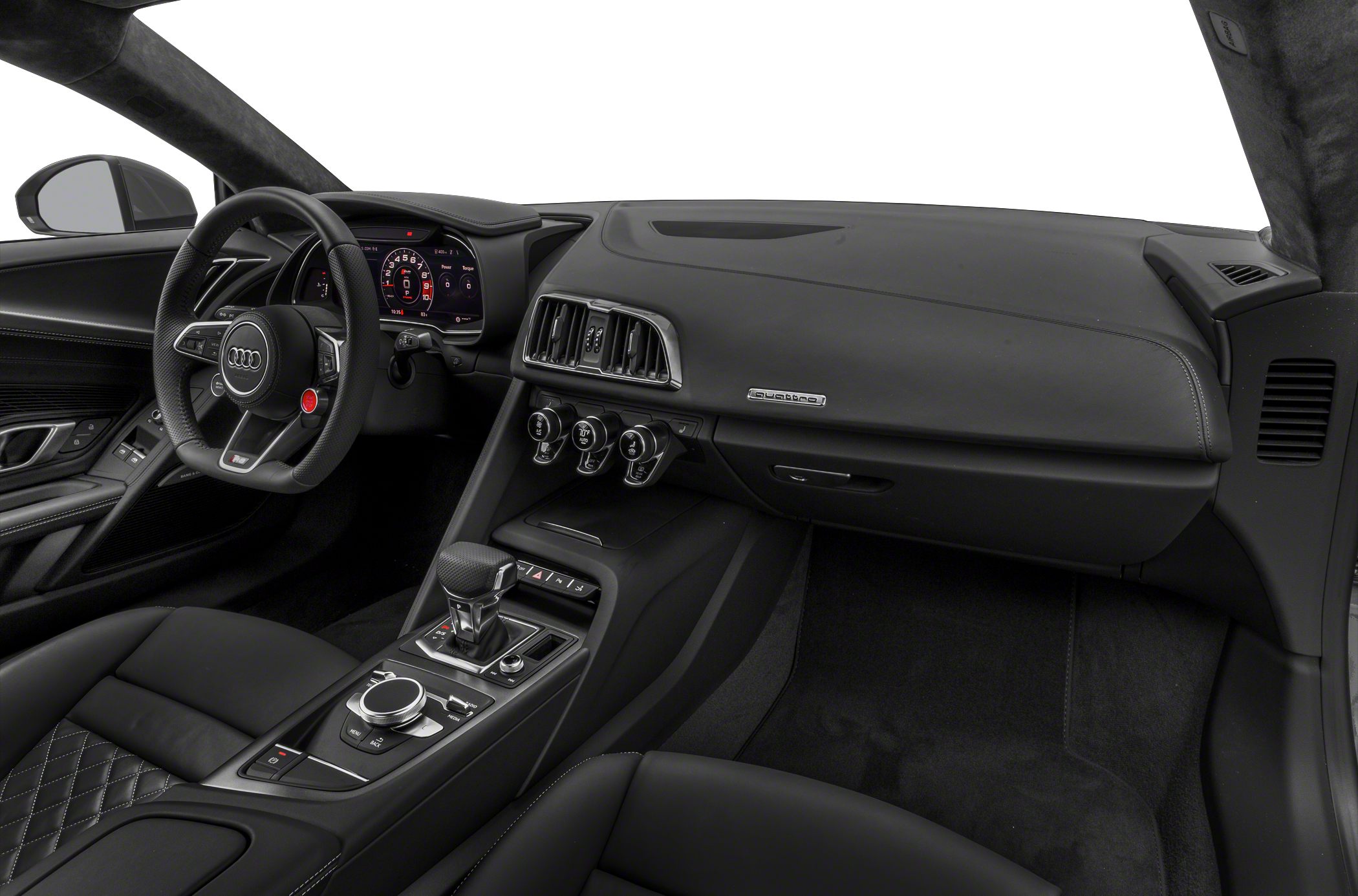 Digital dashboard and sporty steering wheel with ventilation controls in car interior