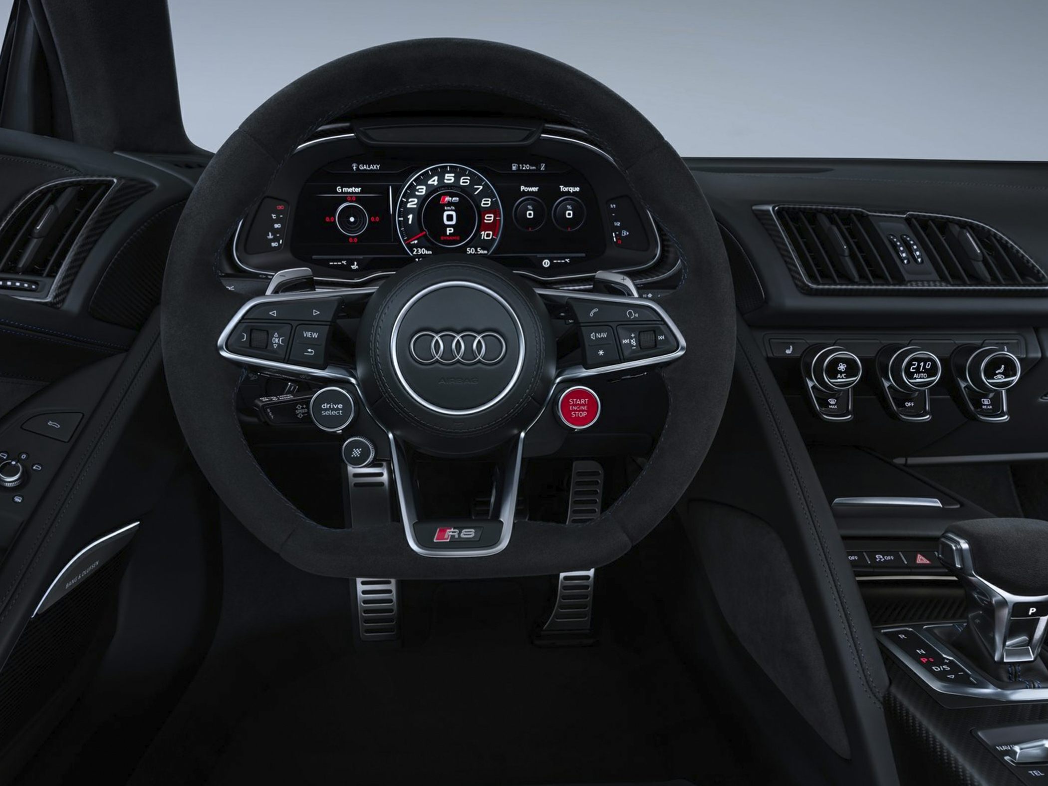 Sporty steering wheel with digital instrument cluster and control buttons