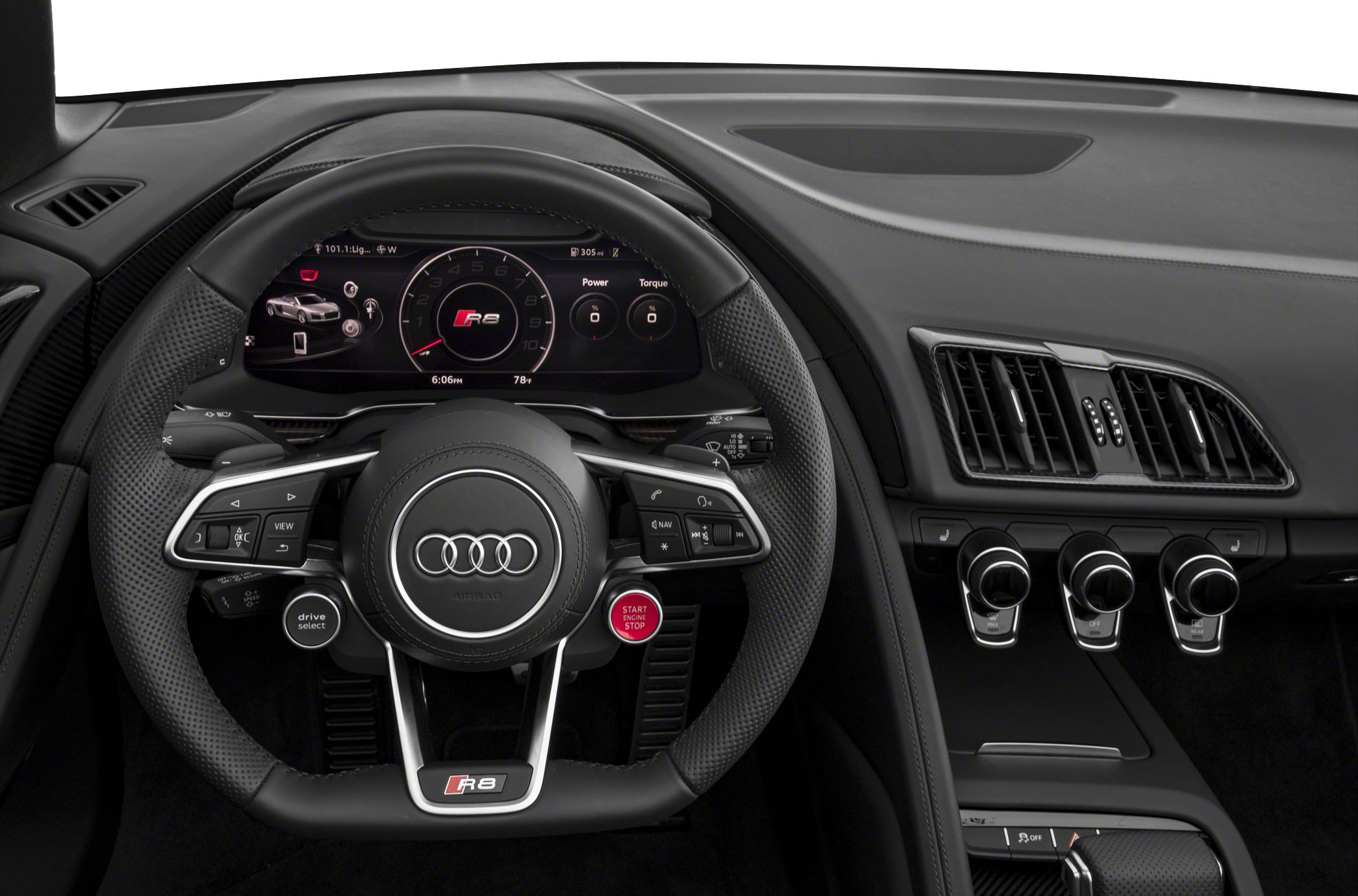 Sporty steering wheel with digital instrument cluster and climate controls