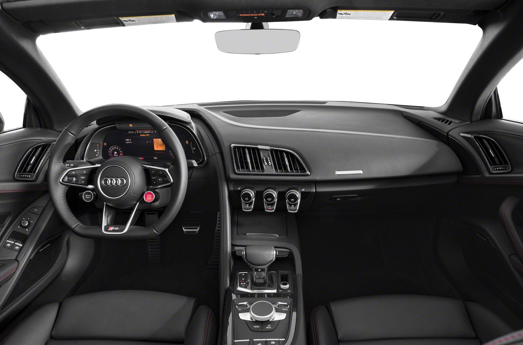 Sporty steering wheel and sleek dashboard with control buttons and vents.