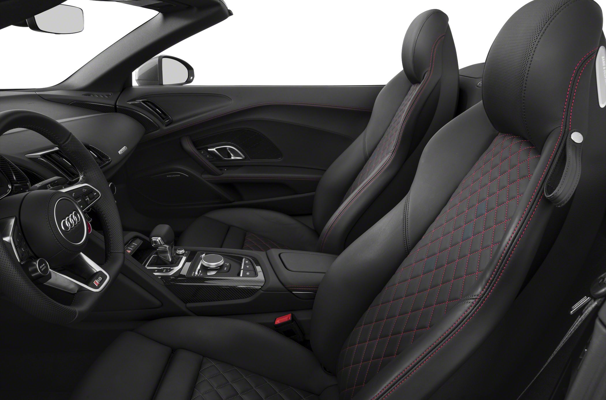 Luxury black leather seats with red stitching and advanced controls.