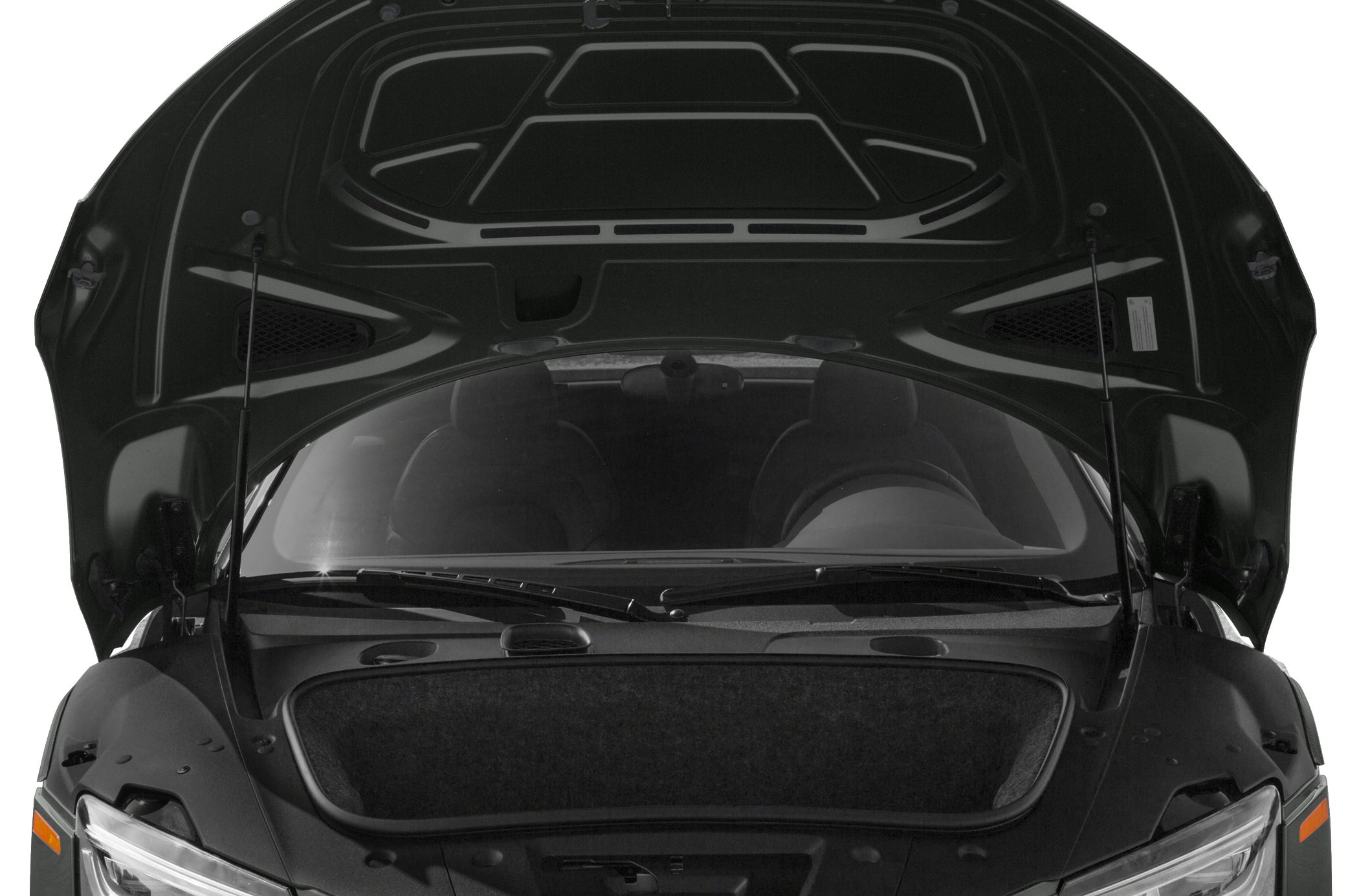 Front storage trunk with hood open on a racing supercar