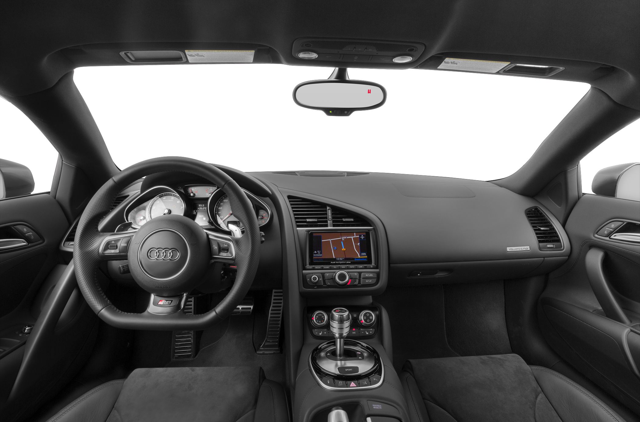 In-car steering wheel, dashboard, center console with gear selector and navigation screen