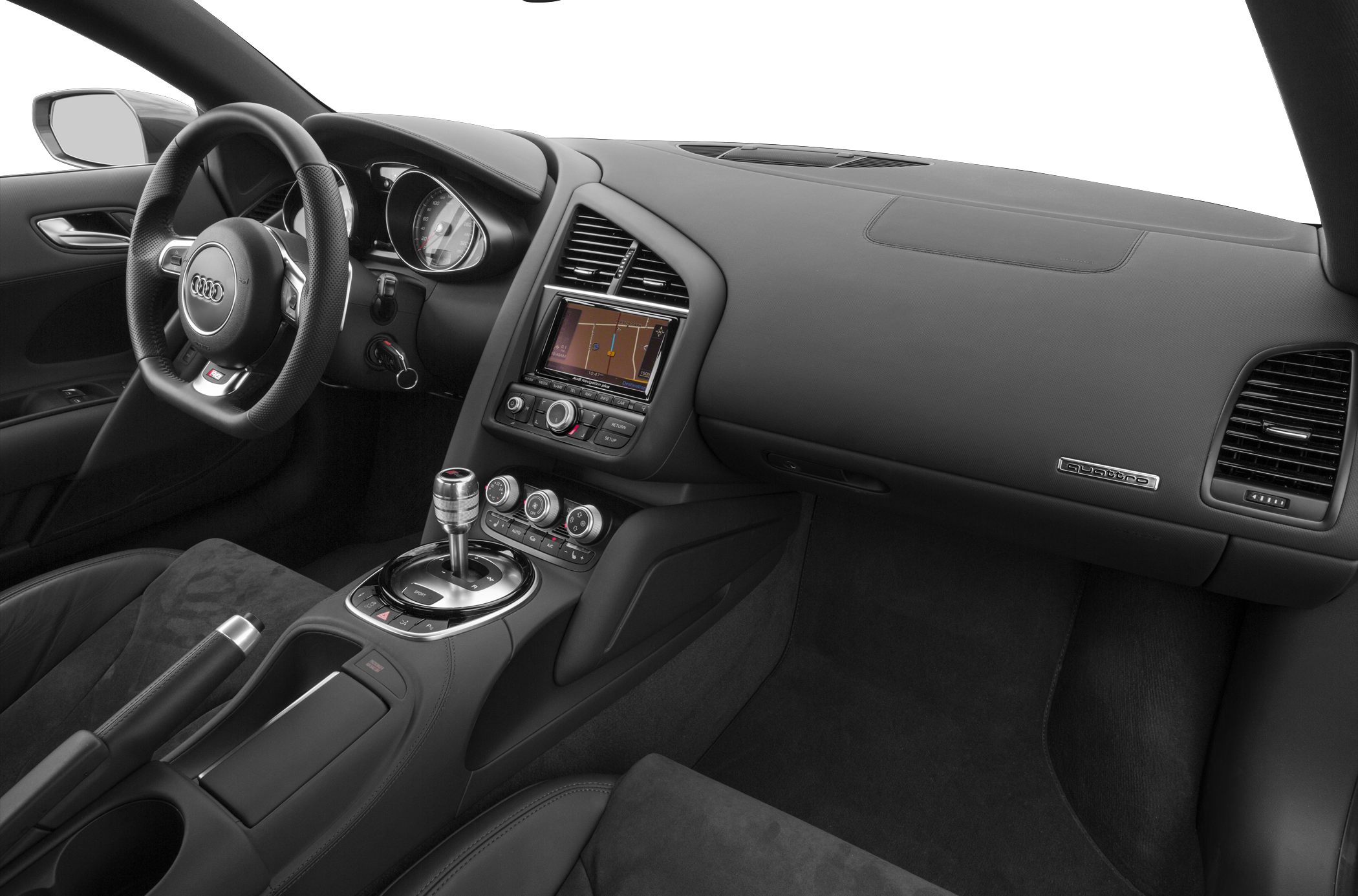 Luxury sports car interior with dashboard, center console, and infotainment system