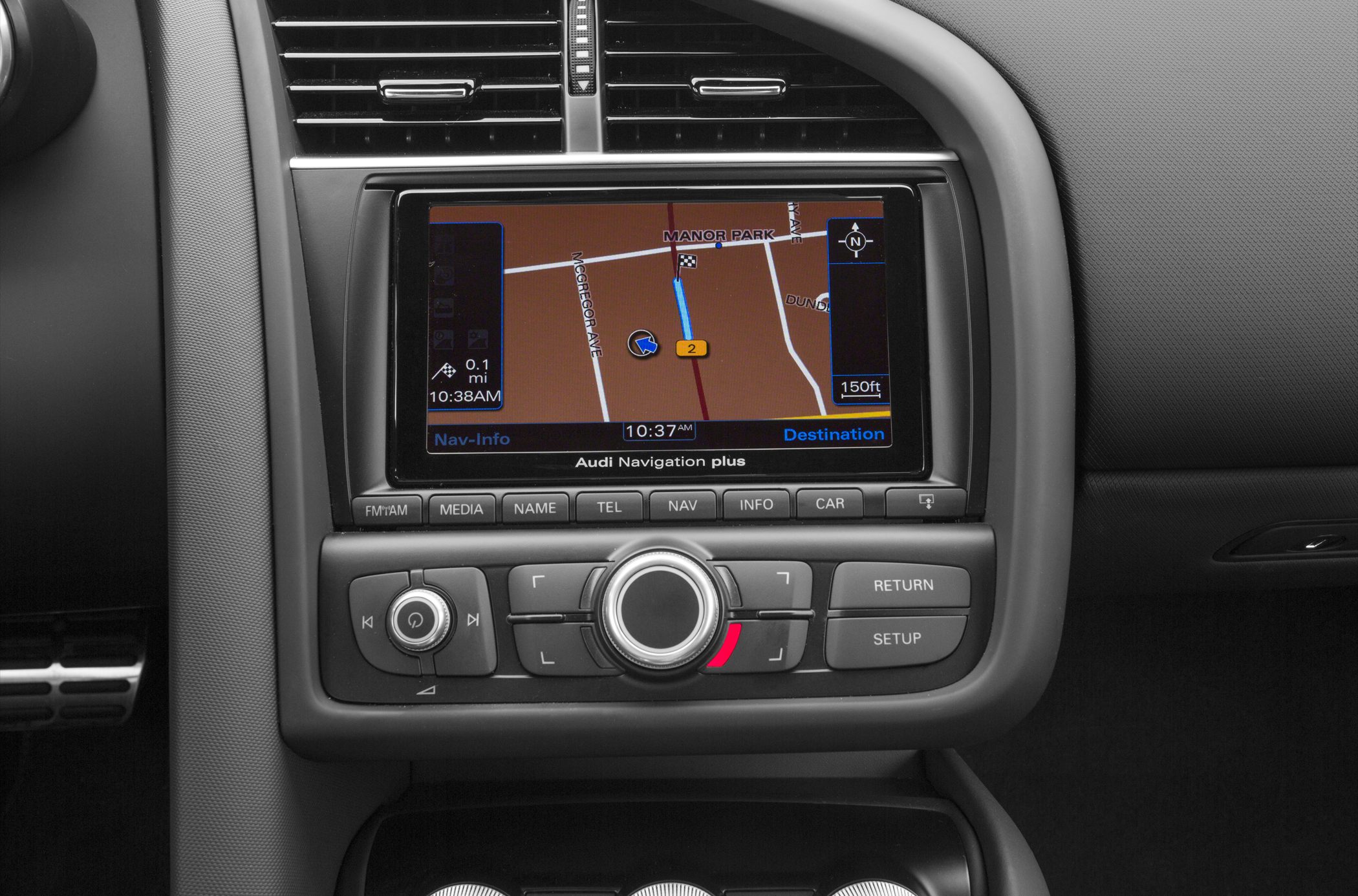 Audi car navigation system with control buttons and route display