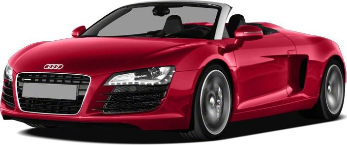 Front view of a red convertible with sleek headlights and sporty wheels.