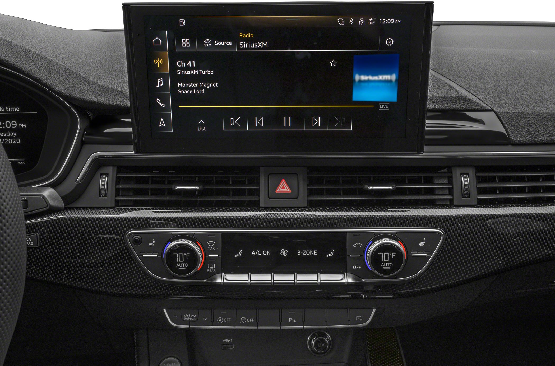 Touchscreen infotainment and 3-zone climate control panel with carbon fiber trim
