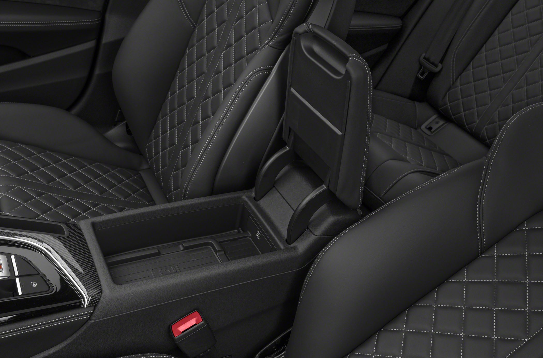 Premium leather seats with diamond stitching and center console storage