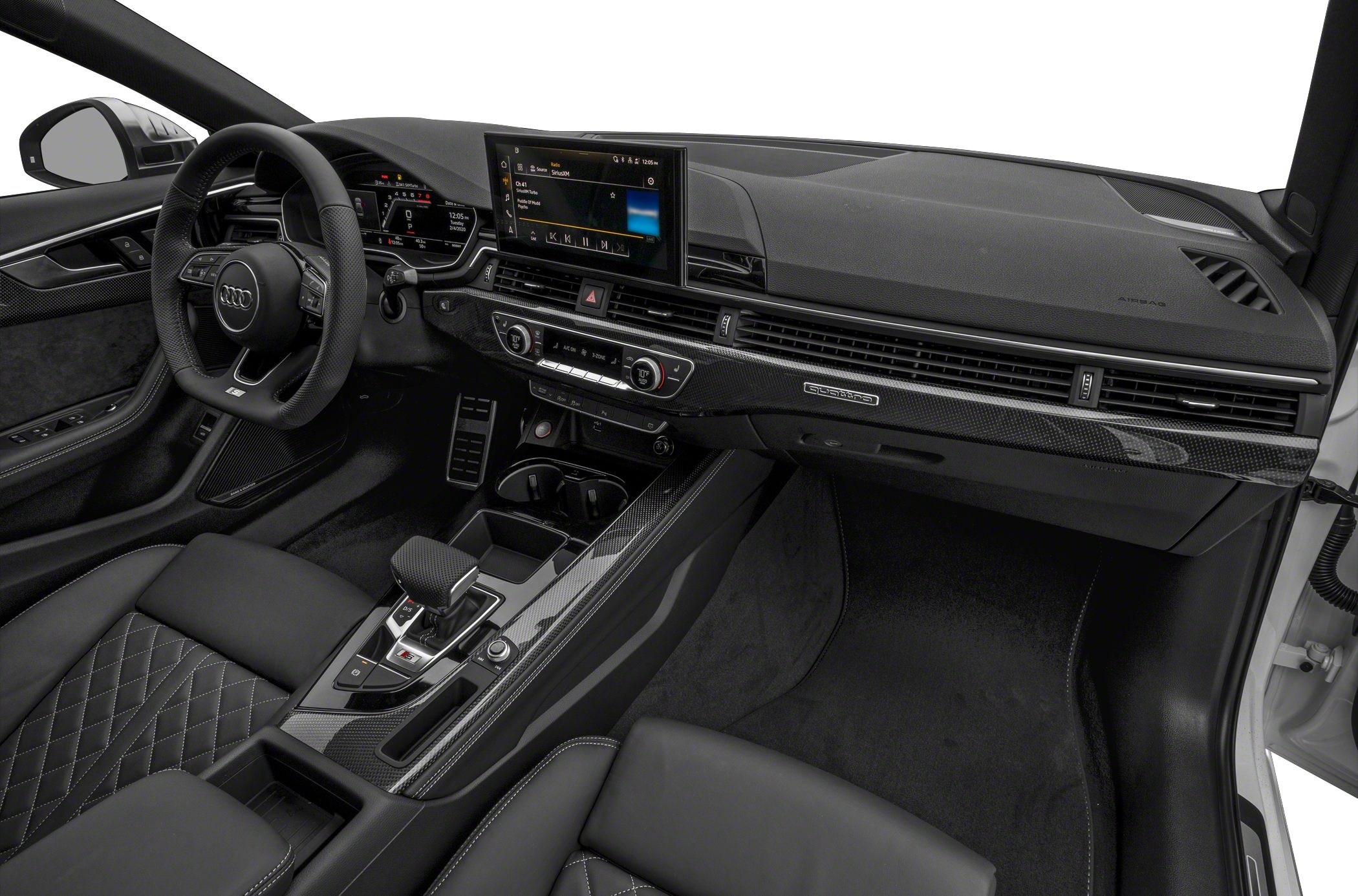 Luxury black interior with carbon fiber trim and digital cockpit