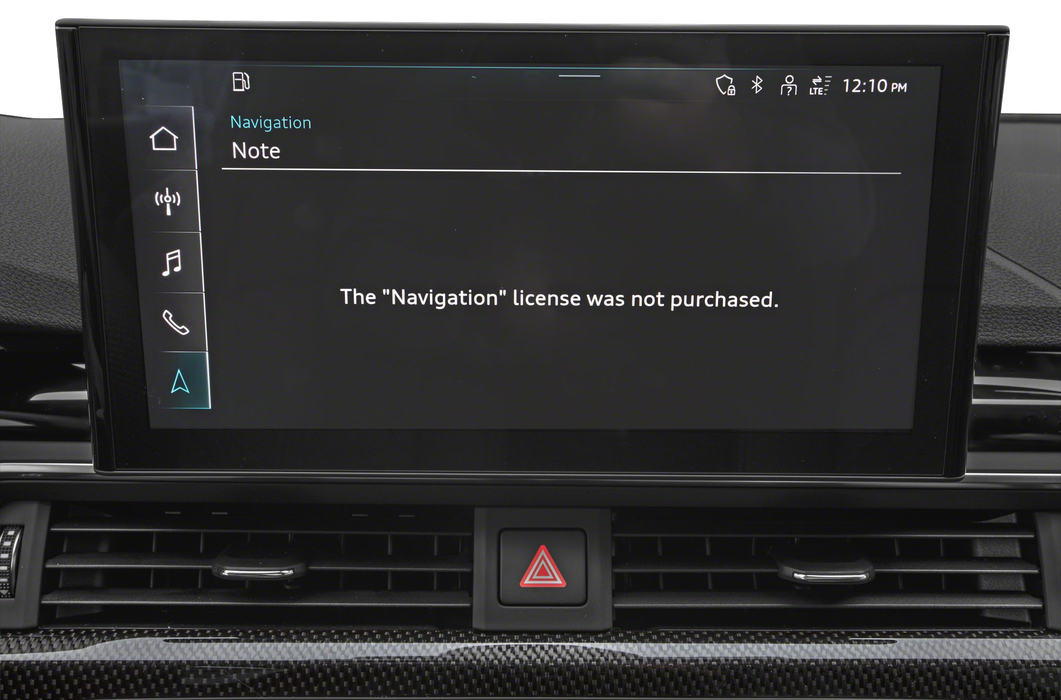 Infotainment screen showing navigation license not purchased message
