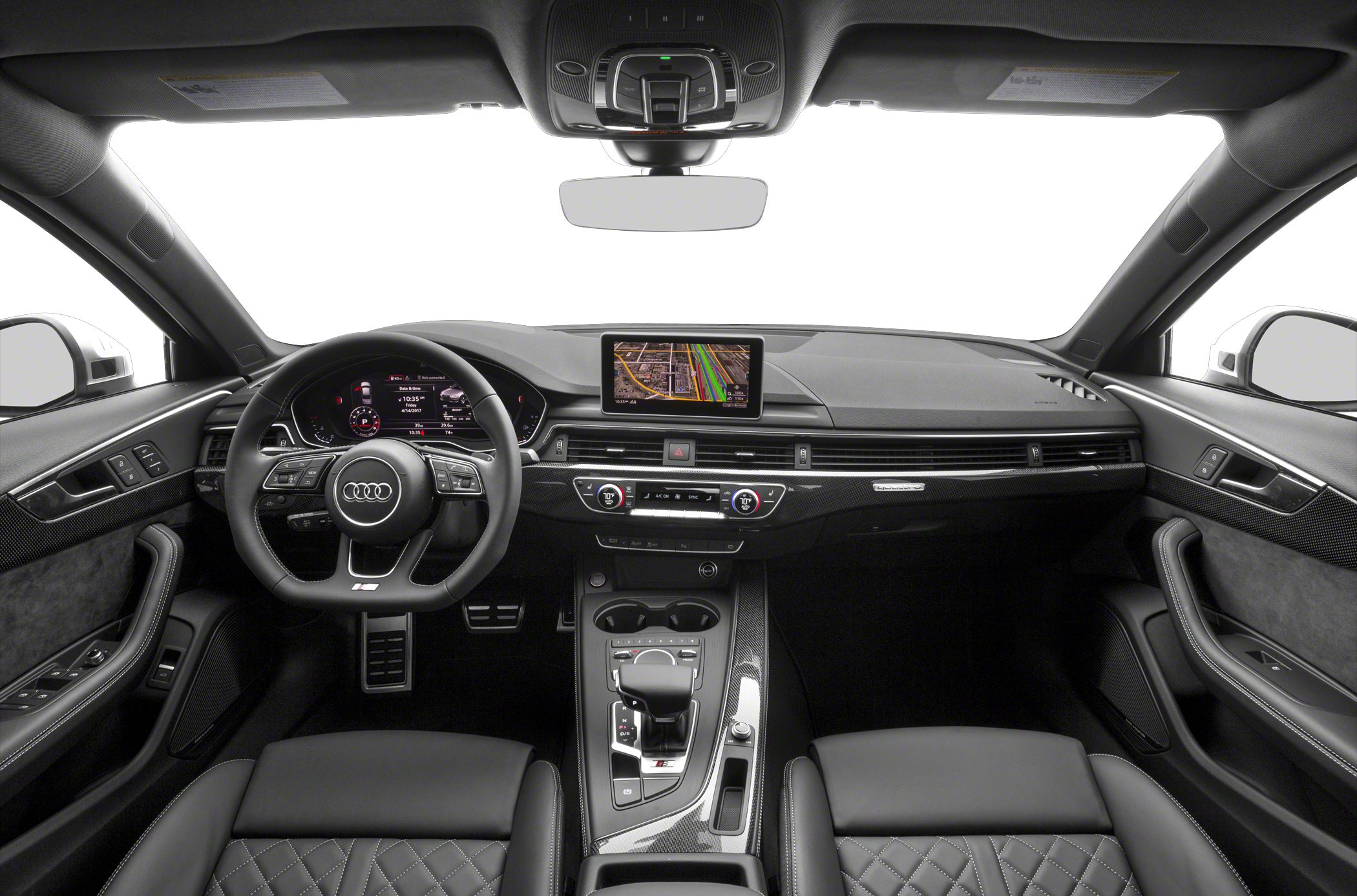 Digital dashboard, navigation screen, center console with gear shifter