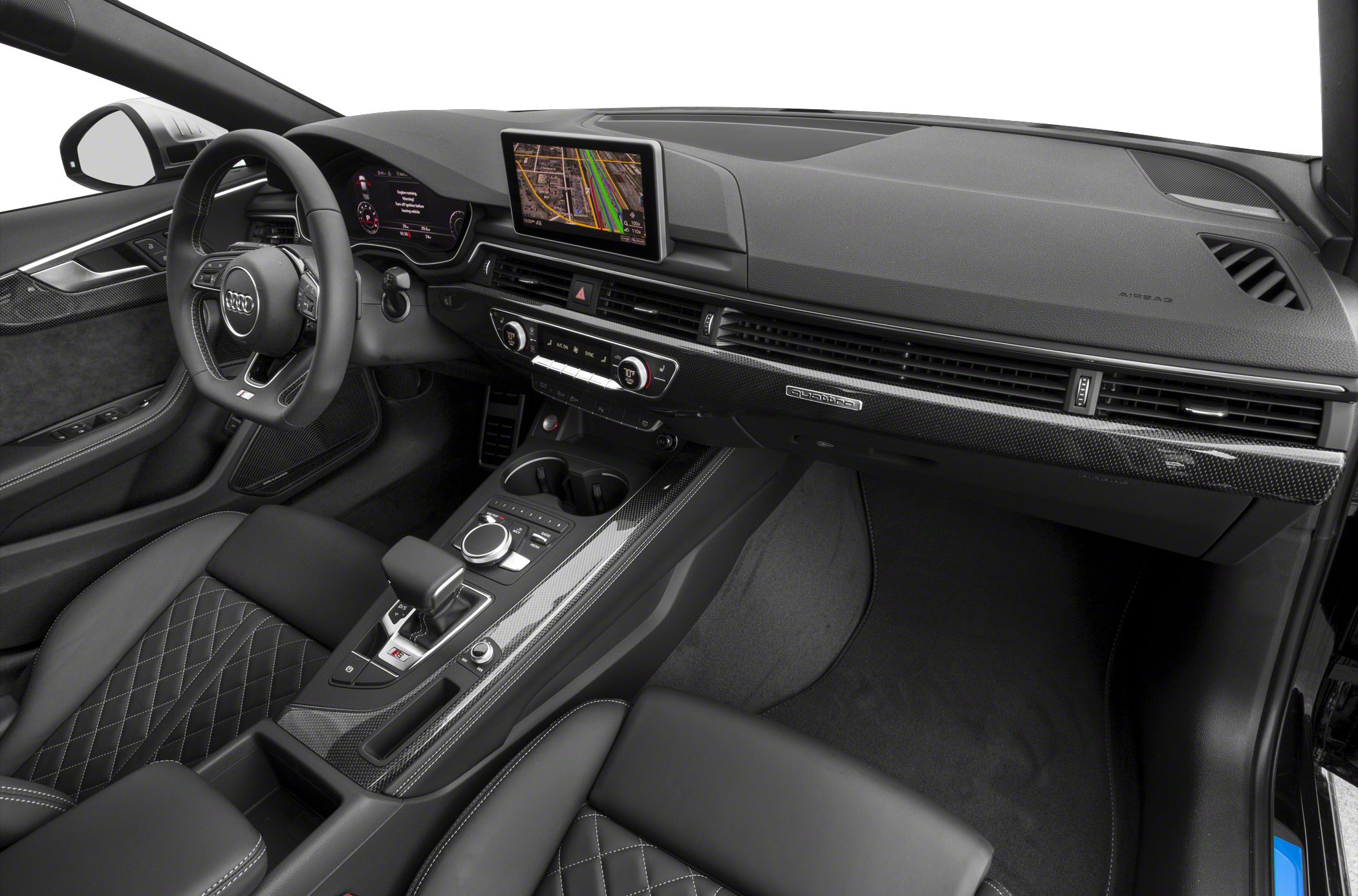 Digital dashboard, infotainment screen, carbon fiber trim, automatic gear selector