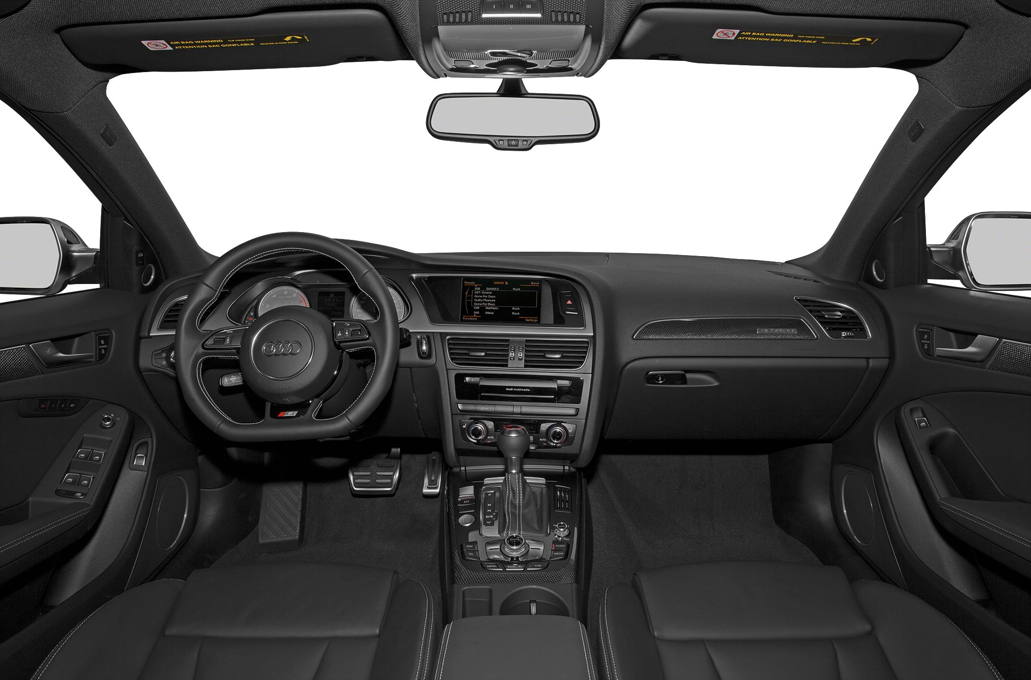 Interior dashboard with multifunction steering wheel and center console controls