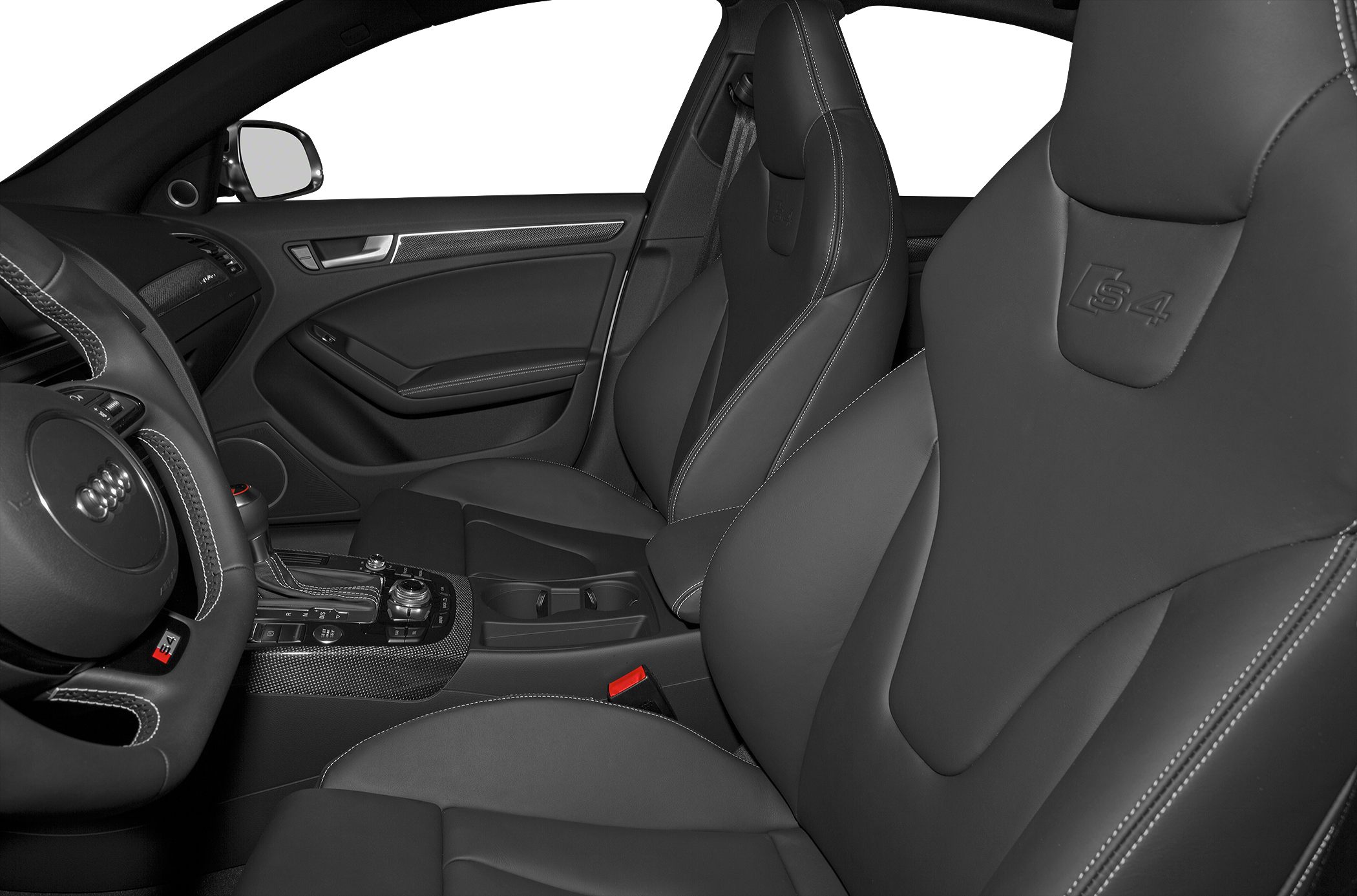 Leather sports seats with embossed S4 logos and carbon fiber trim.