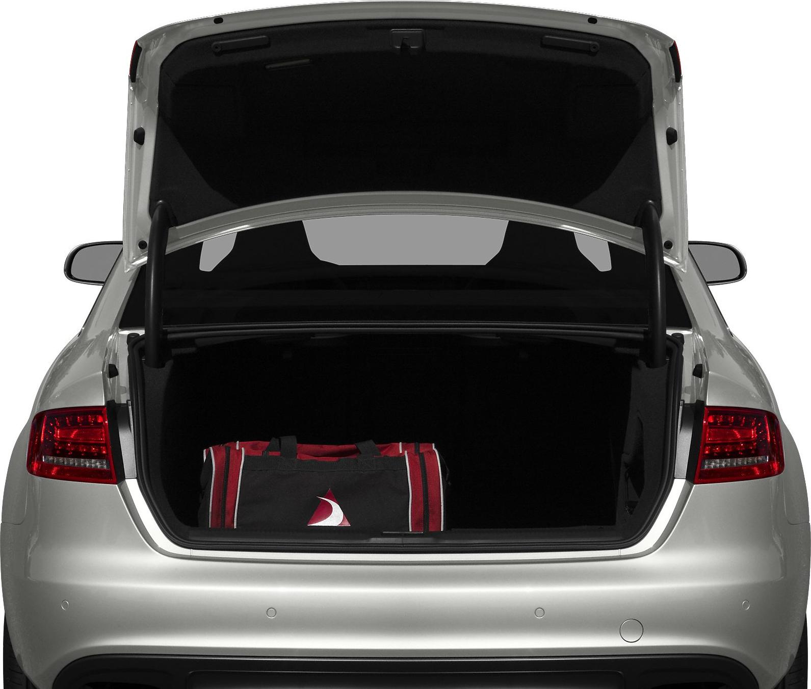 Open trunk with spacious cargo area and duffel bag inside.