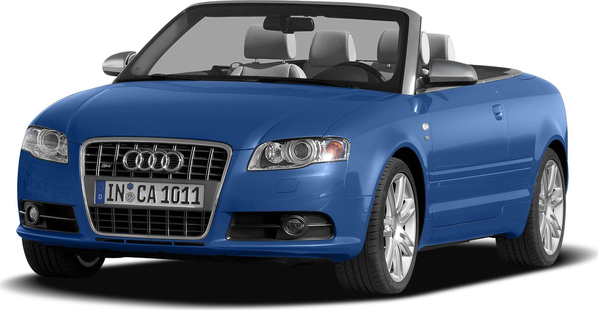 Front view of blue convertible with detailed grille and headlights