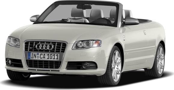 Front view of a white convertible with signature grille and open roof