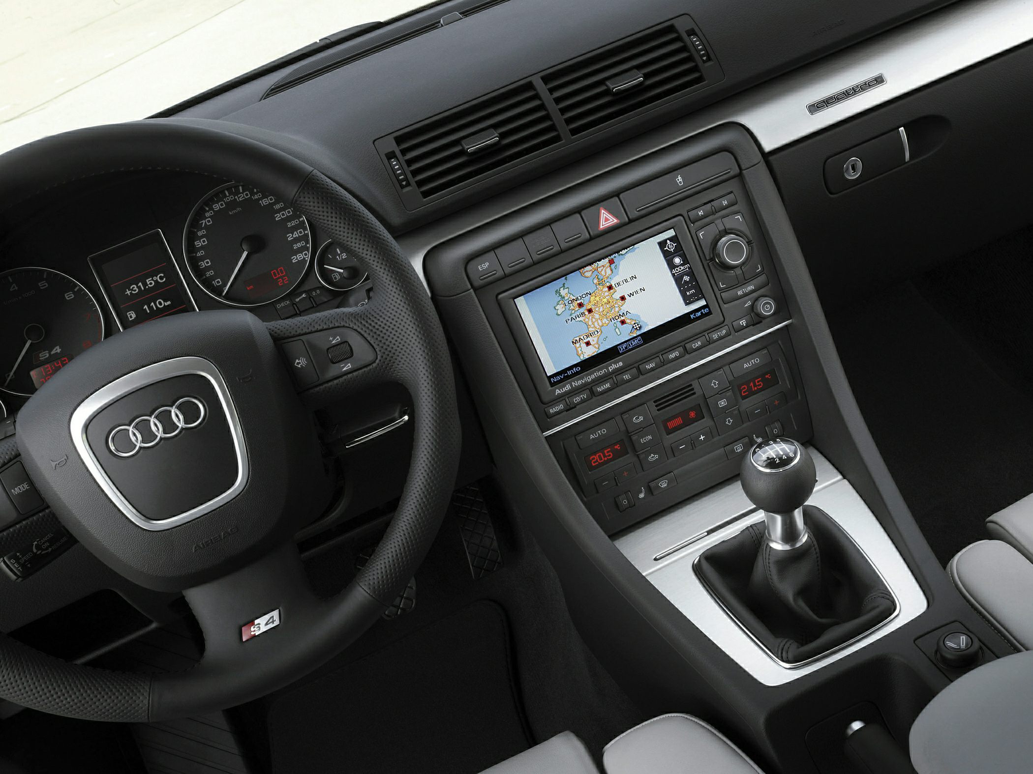 Manual gearbox, navigation display, and climate control panel