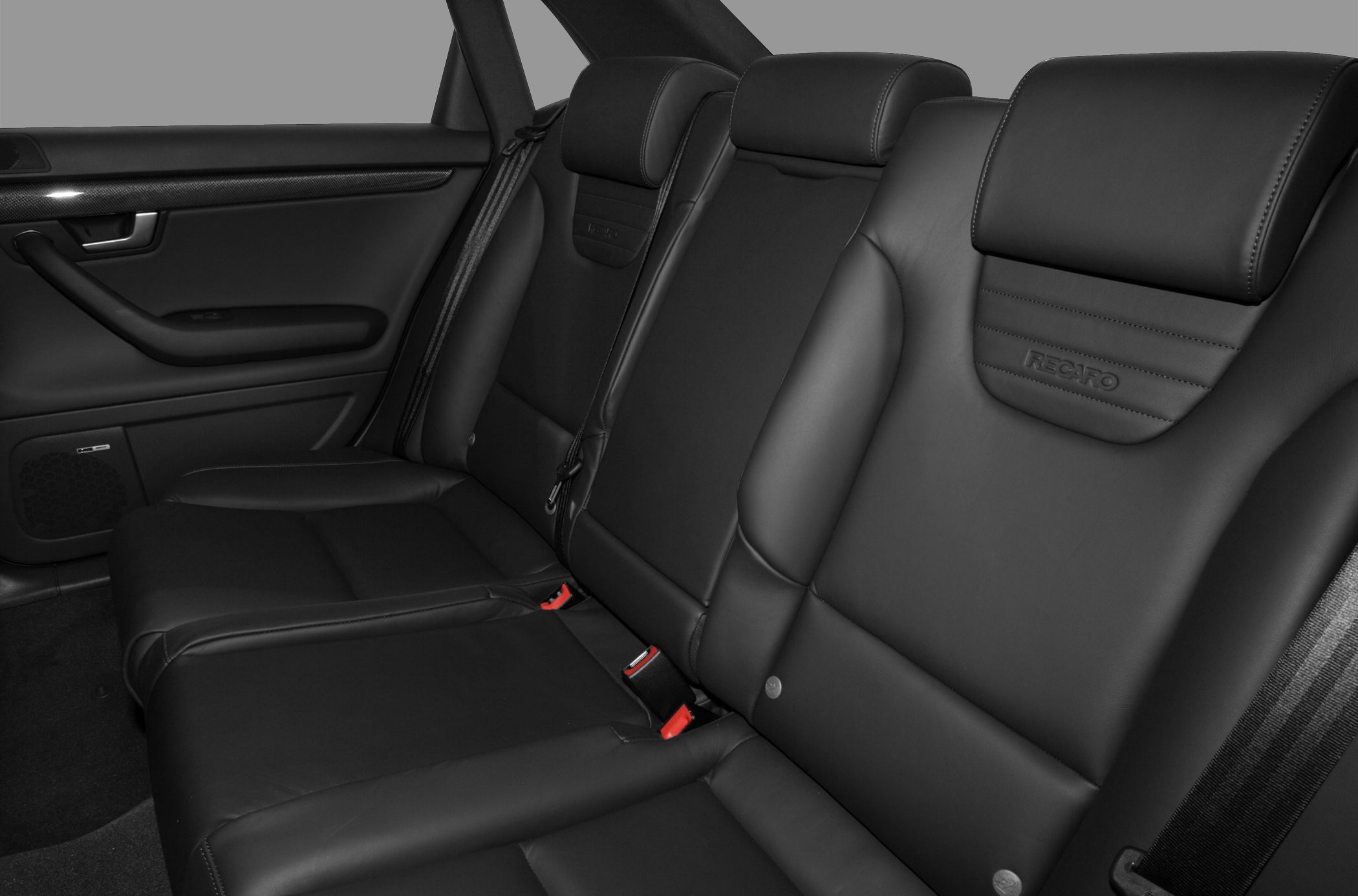 Black leather Recaro rear seats with sporty design and seat belts.
