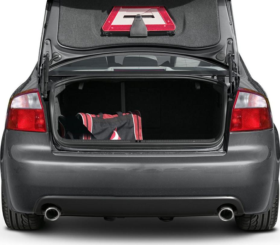 Open rear trunk with dual exhausts and rear lights.