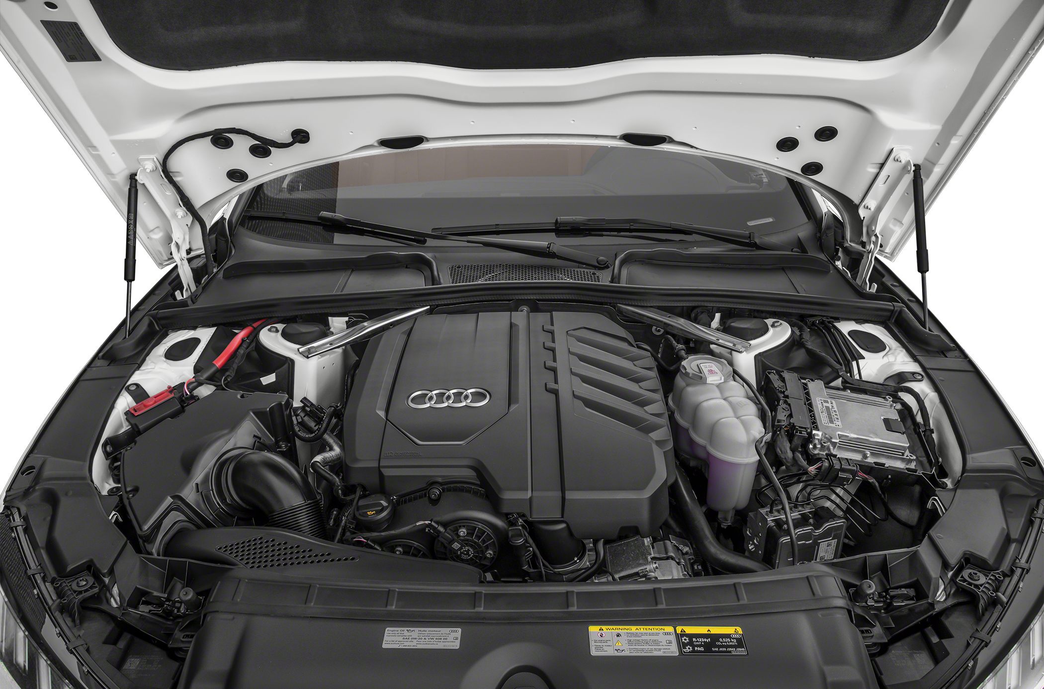 Modern engine bay with Audi emblem and detailed engine cover