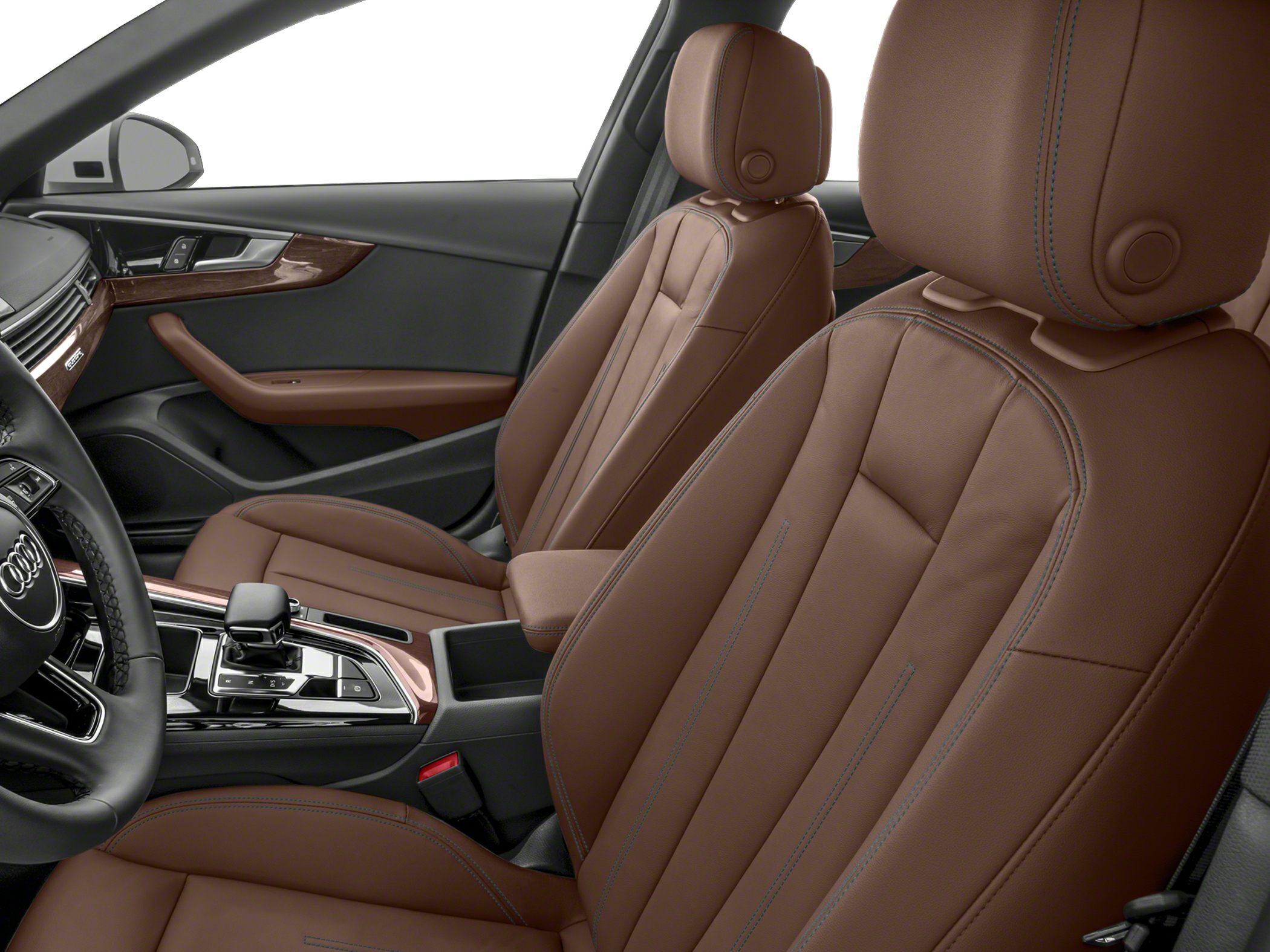 Brown leather front seats with detailed stitching and modern interior design