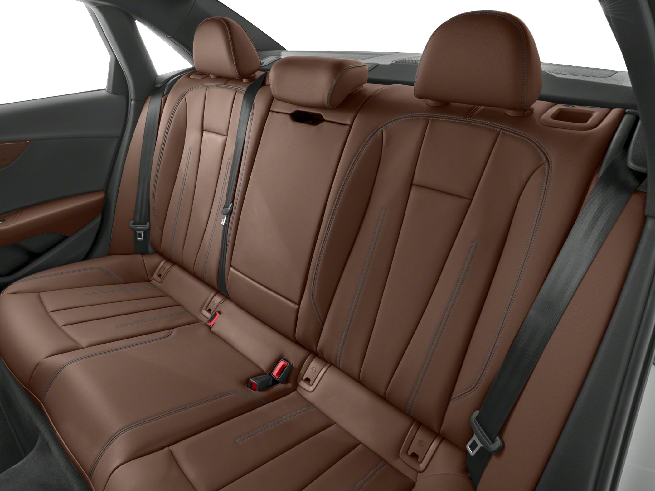 Brown leather rear seats with integrated headrests and detailed stitching