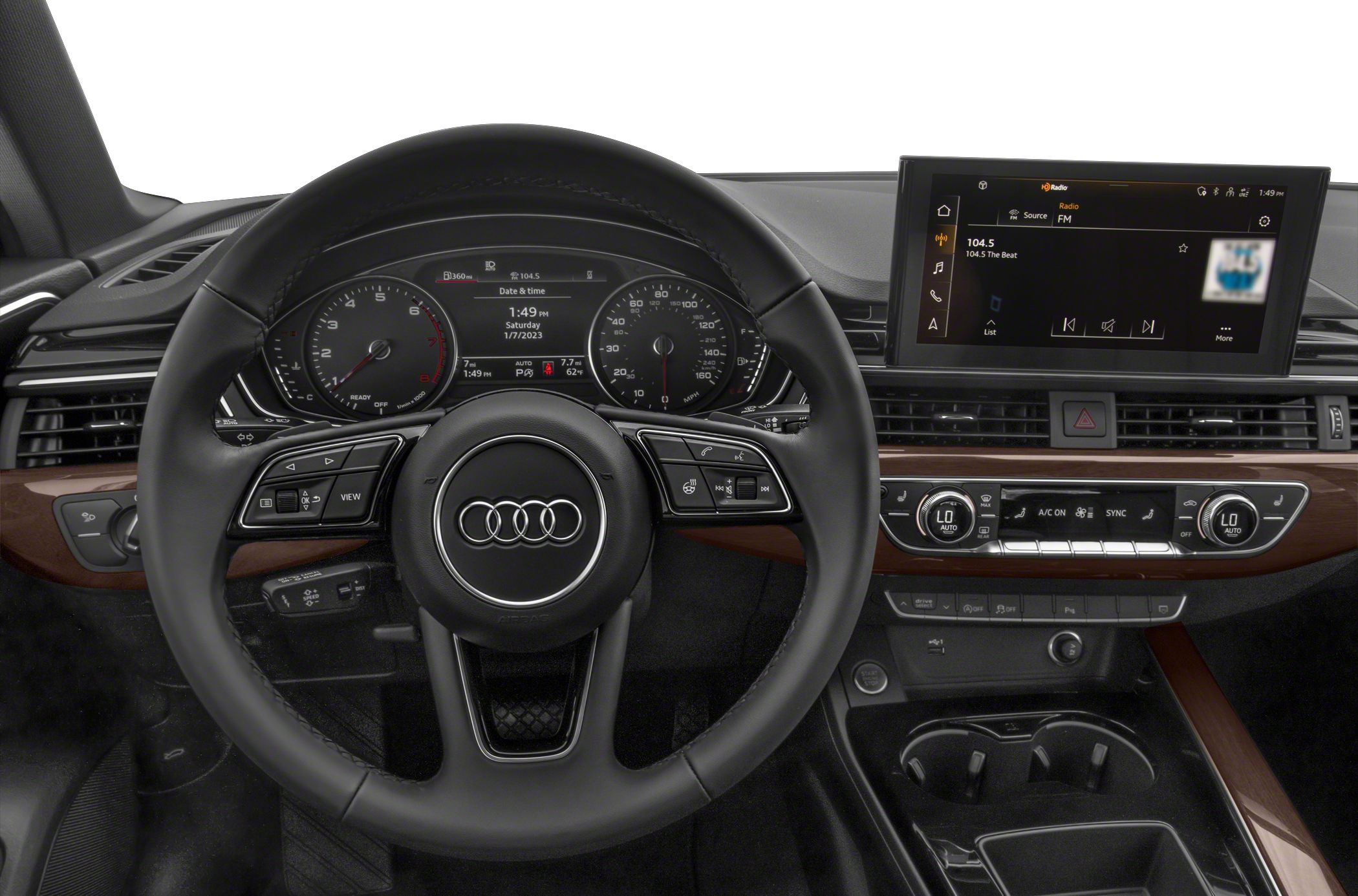 Steering wheel with control buttons and digital dashboard display