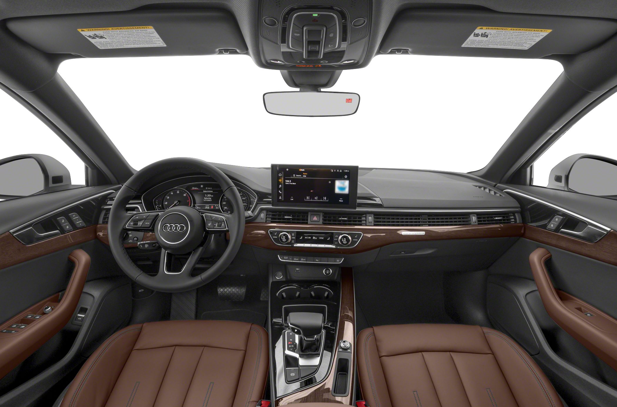 Steering wheel, digital dashboard, infotainment screen, center console with gearshift