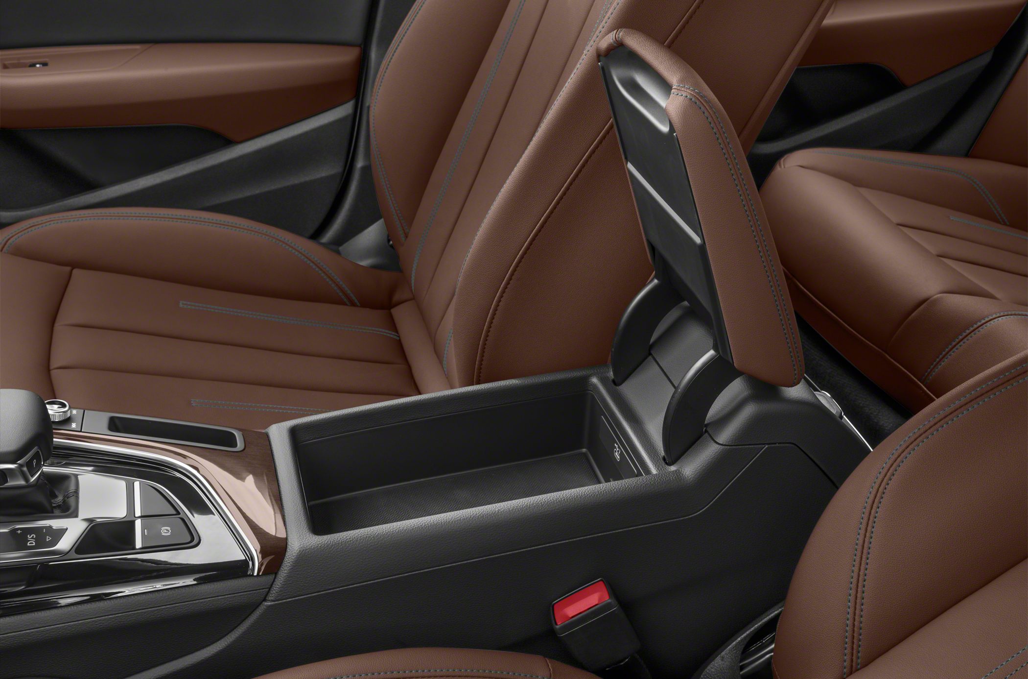 Brown leather seats and open center console storage