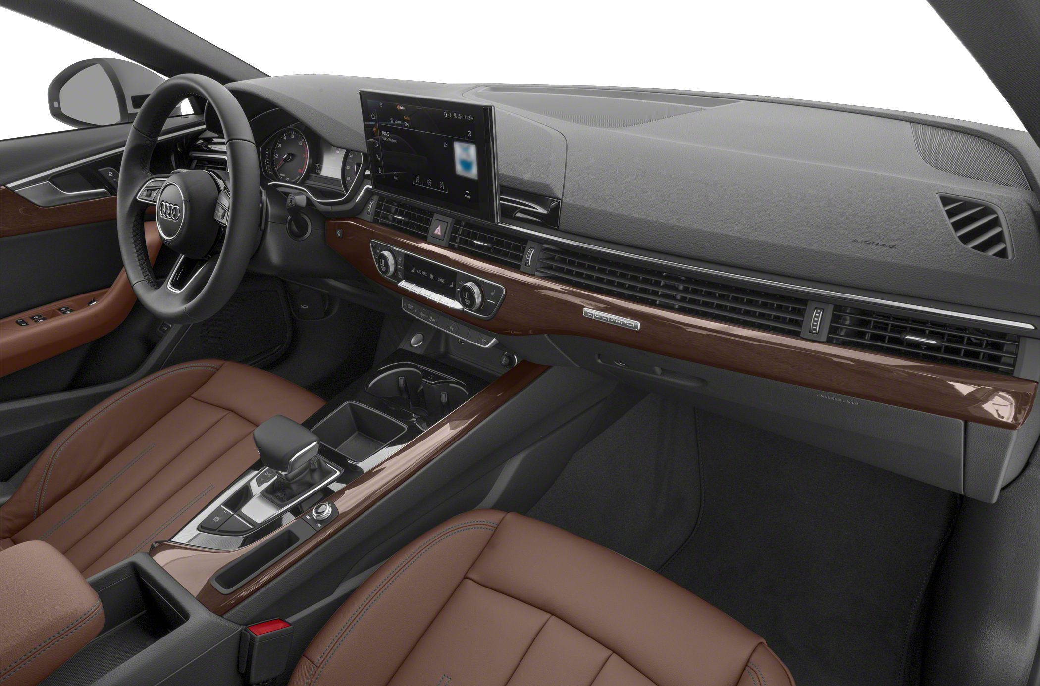 Refined interior with brown leather upholstery and infotainment system