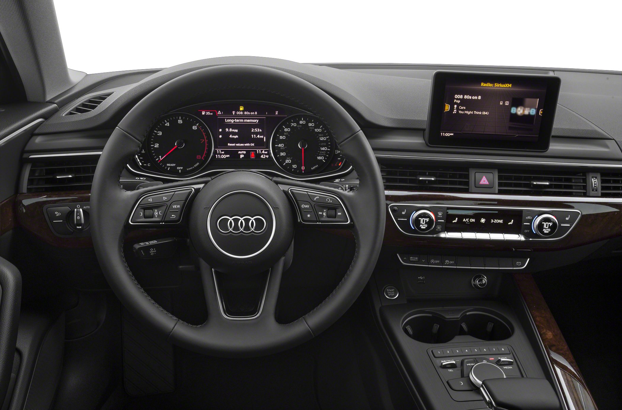 Digital instrument cluster and multimedia dashboard view with steering wheel