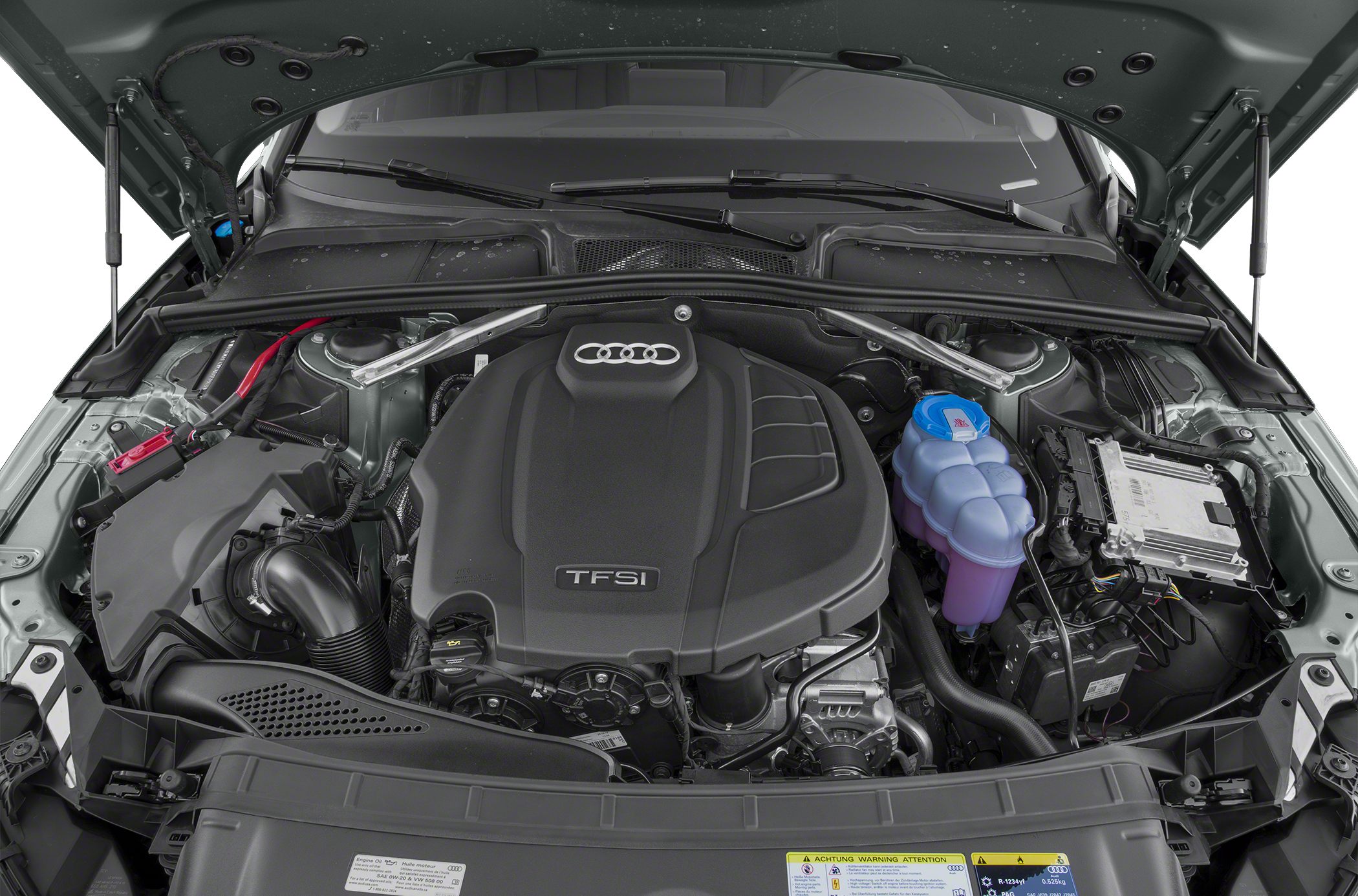 TFSI engine bay with cover, fluid reservoir, and structural braces