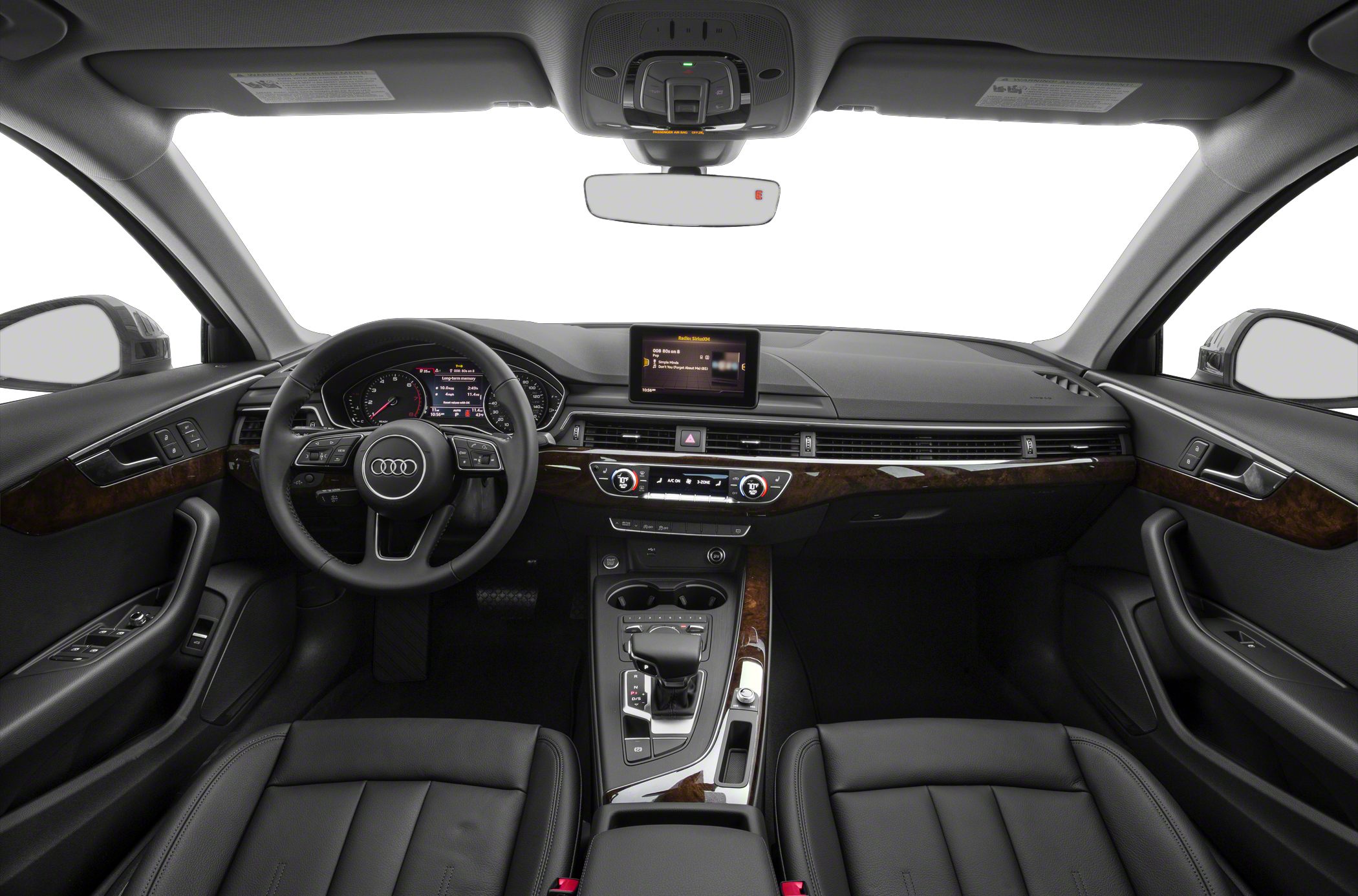 Dashboard, steering wheel, digital display, center console wood trim
