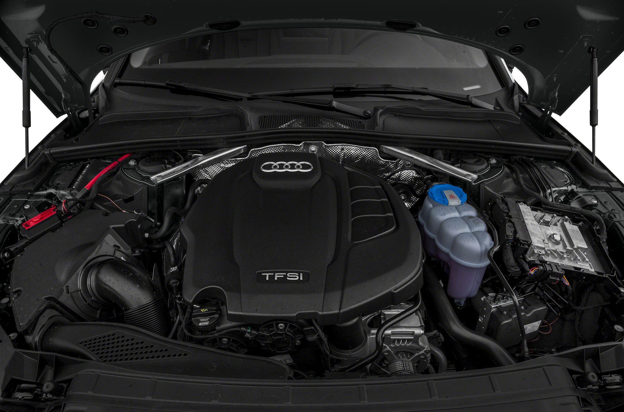 TFSI engine compartment with coolant reservoir and structural brace