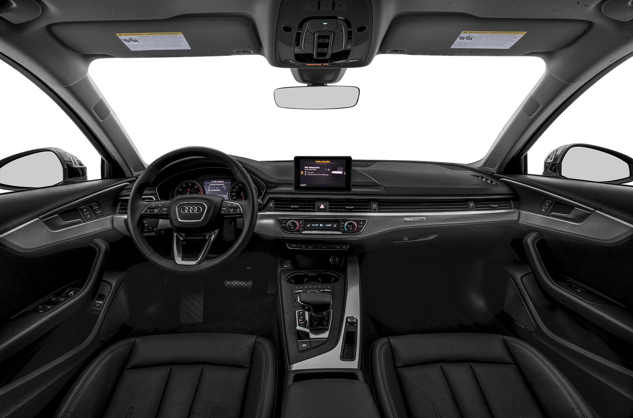 Dashboard and steering wheel with digital displays and center console controls