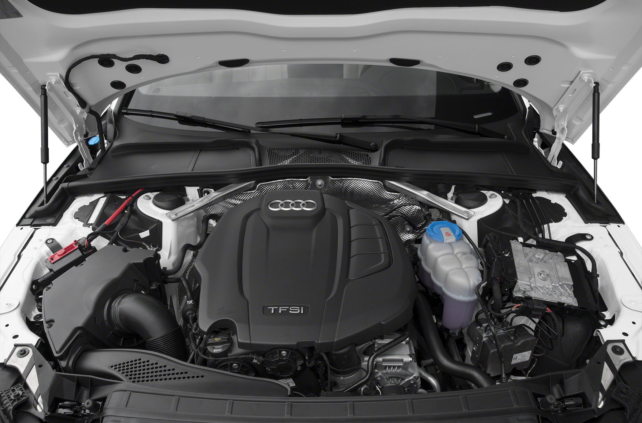 Close-up of a modern turbocharged TFSI engine bay with components