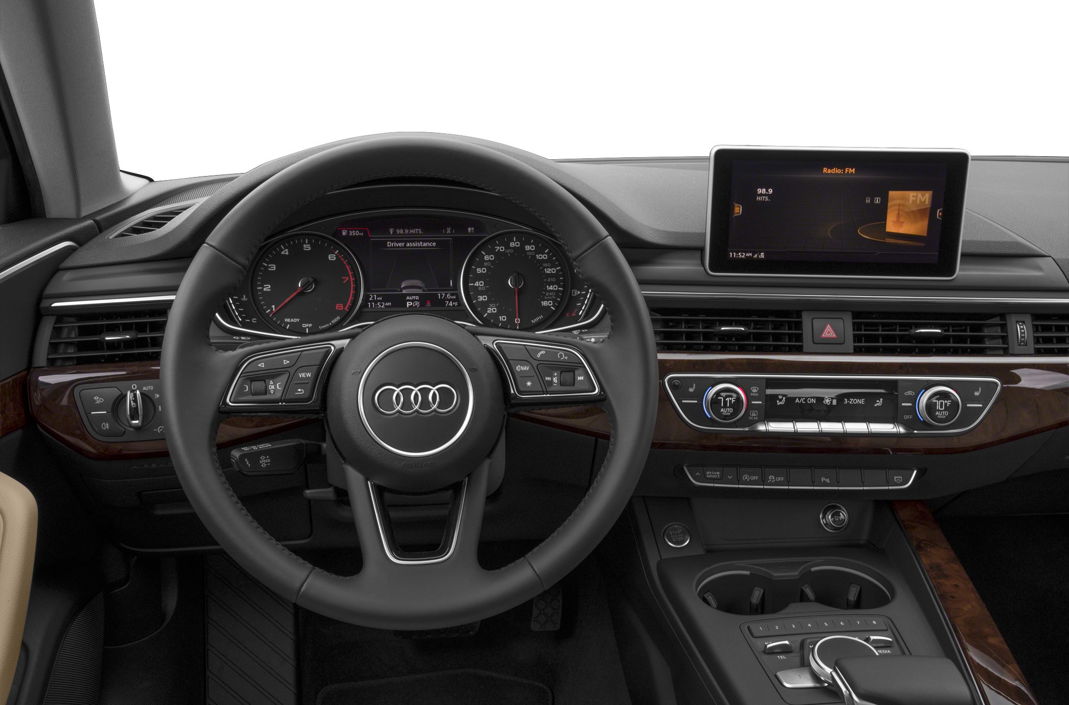 Dashboard and steering wheel with digital displays and control buttons