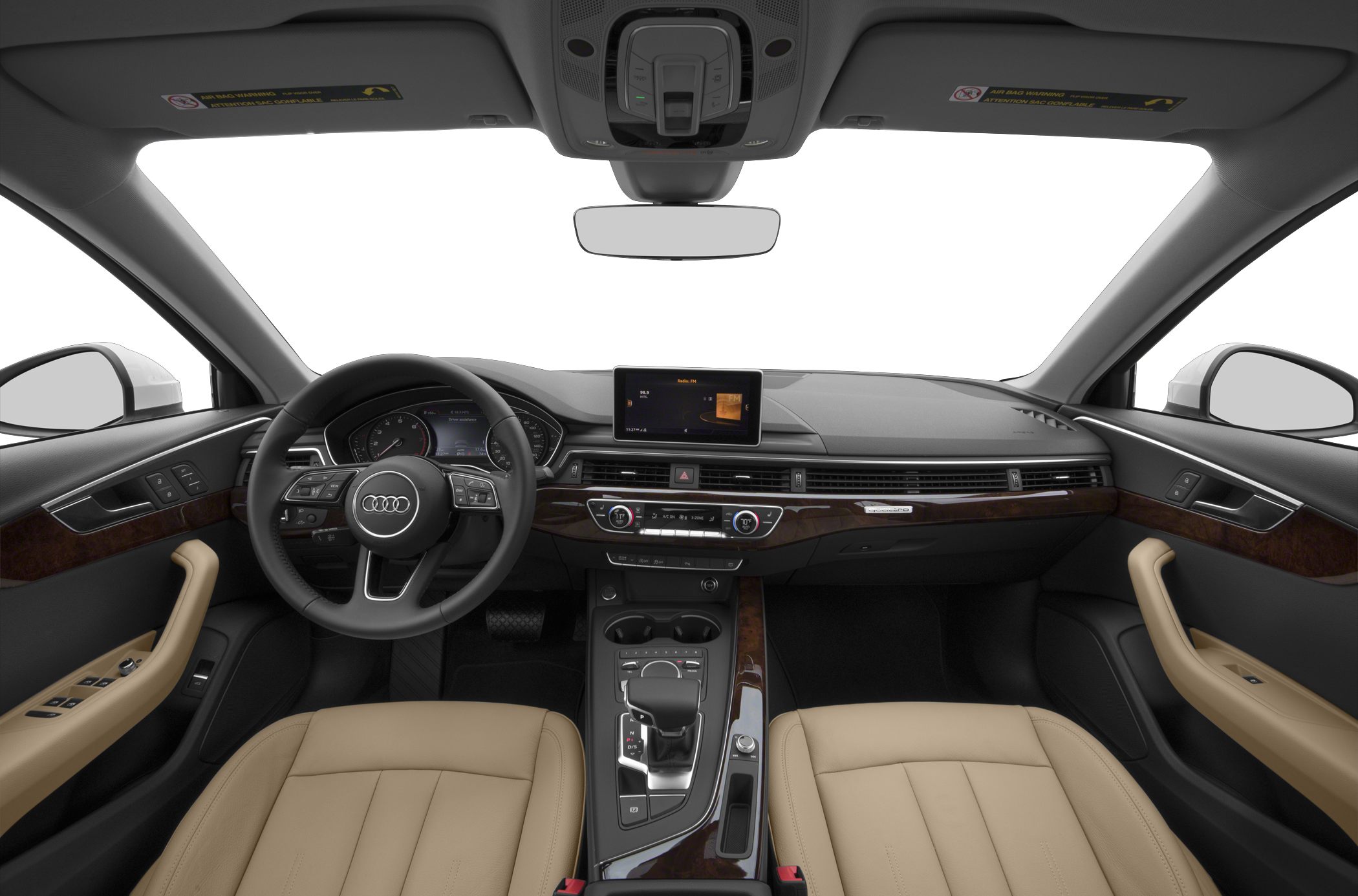 Dashboard, steering wheel, central console with multimedia display and beige leather seats