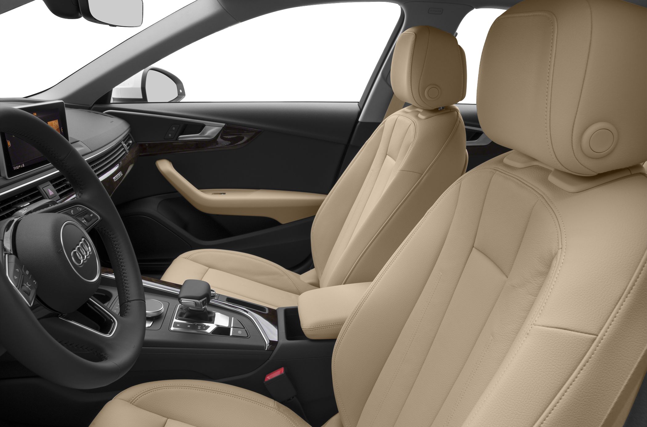 Beige leather front seats and modern dashboard with multifunction steering wheel