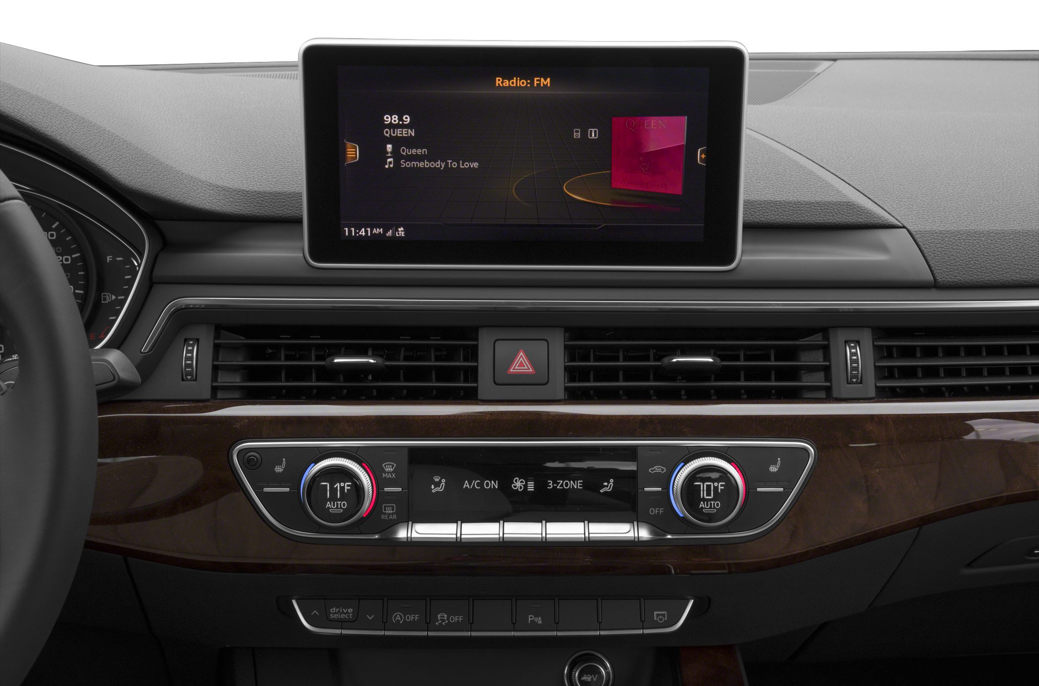 Infotainment screen and three-zone climate control panel with wood trim