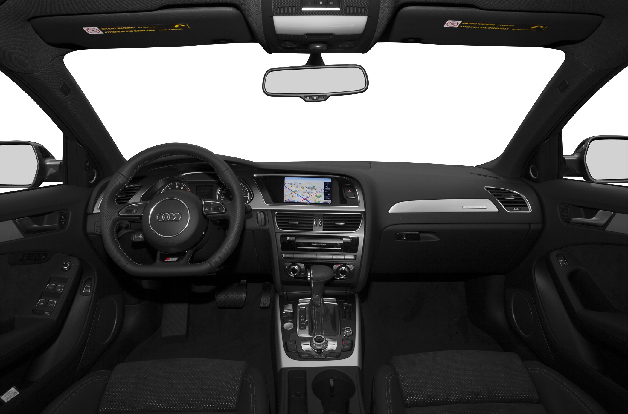 Steering wheel, dashboard with navigation screen, center console controls