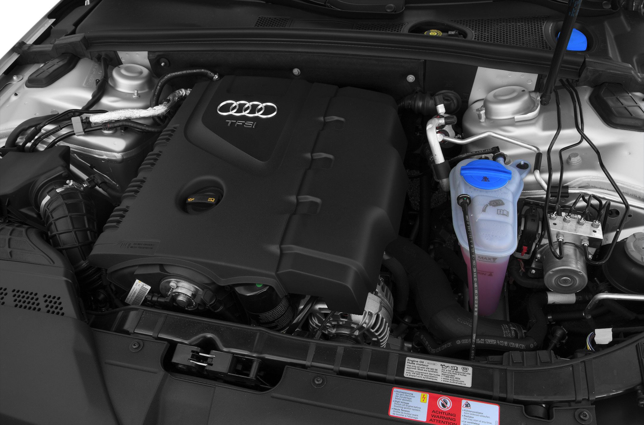 Audi A4 B8 TFSI engine cover and coolant reservoir close-up