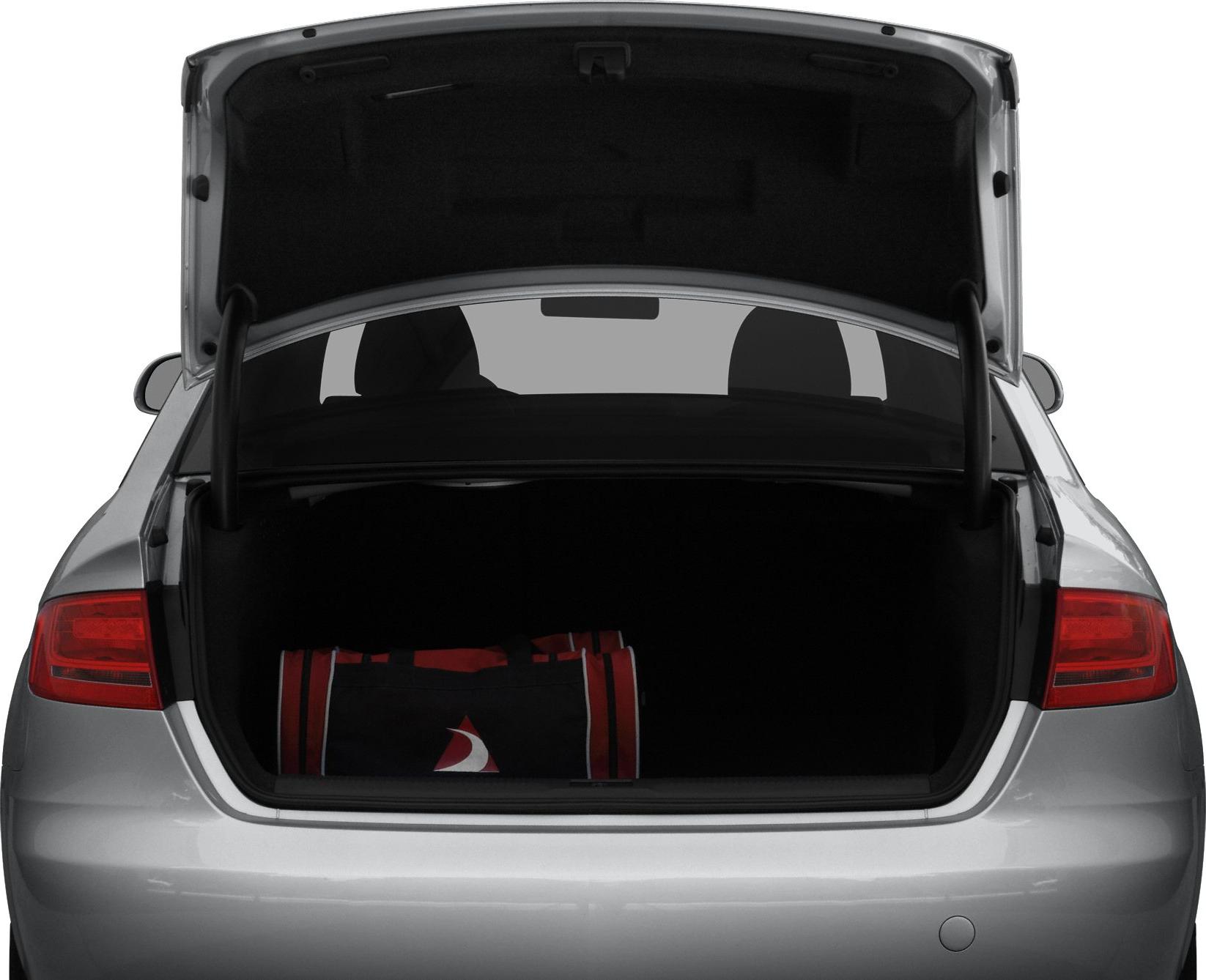 Rear view of sedan with open trunk and visible cargo space.