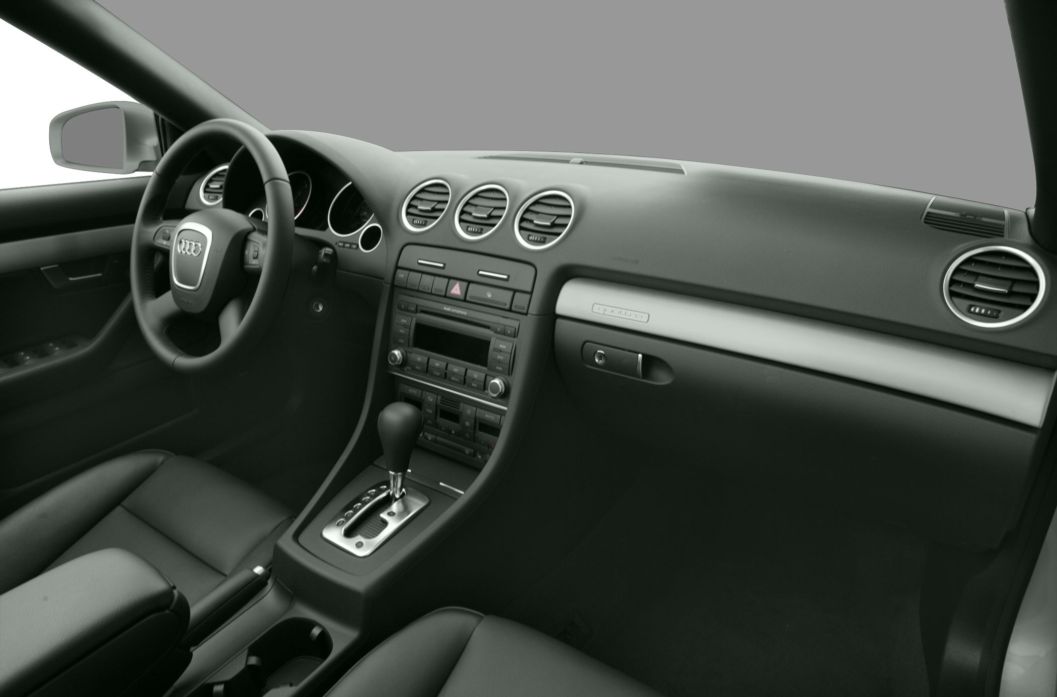 Dashboard, steering wheel, and center console with automatic gear shifter