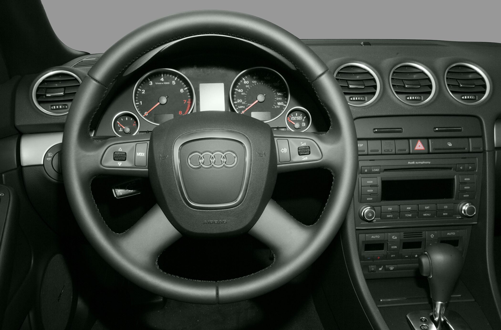 Dashboard, steering wheel, and control panel interior view