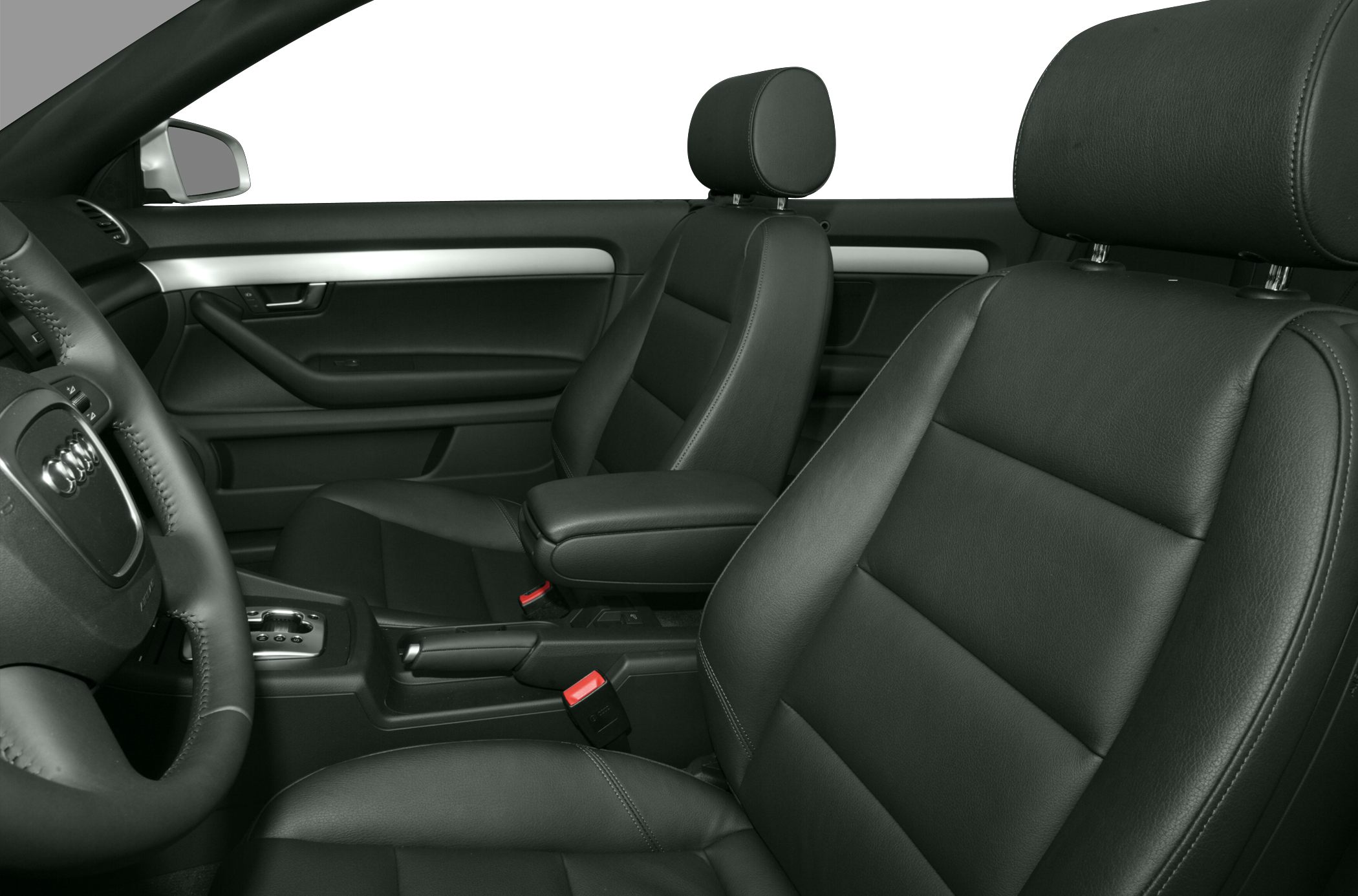 Black leather front seats with armrest and door panel details
