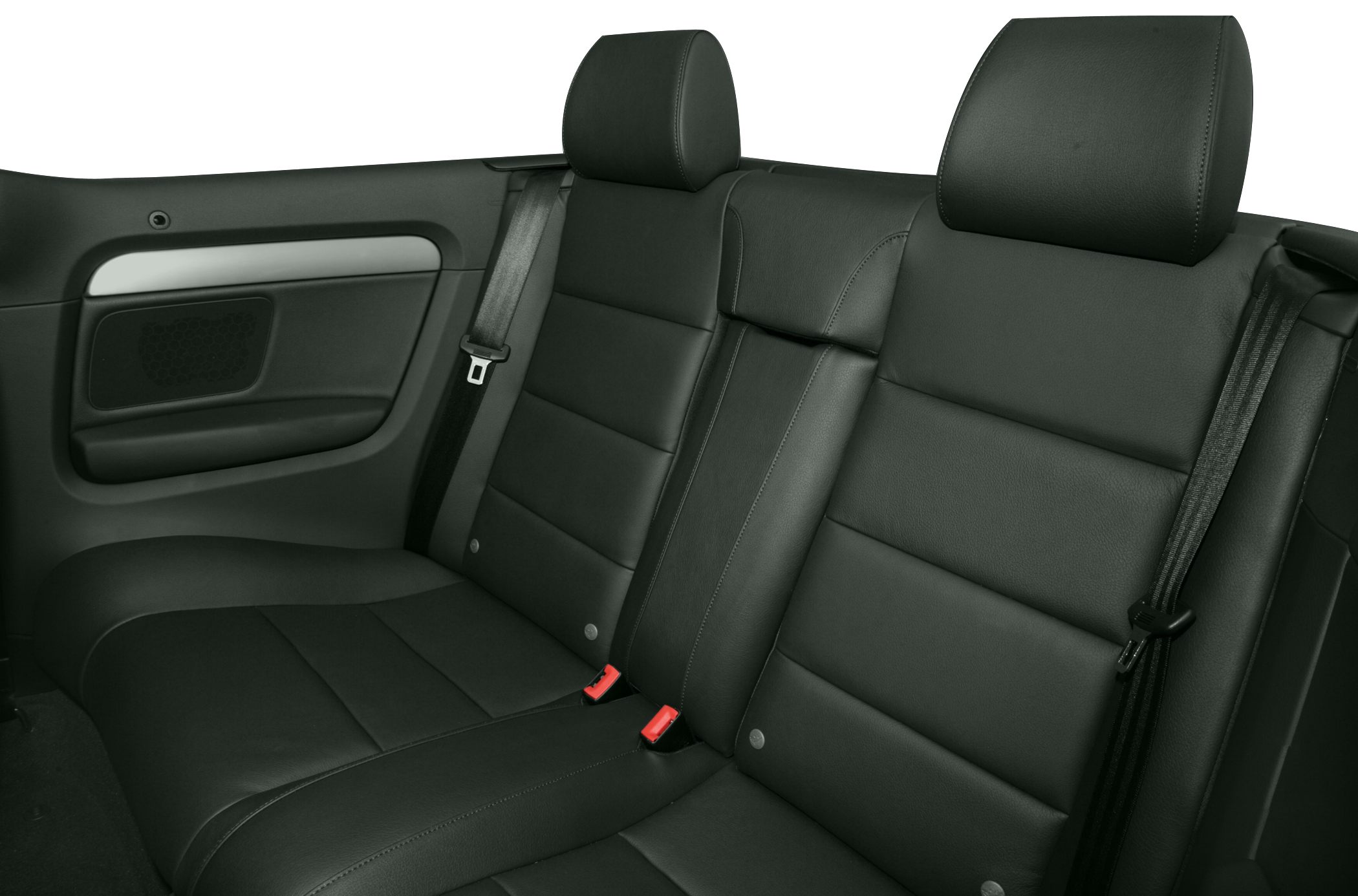 Black leather rear seat interior with seat belts and headrests